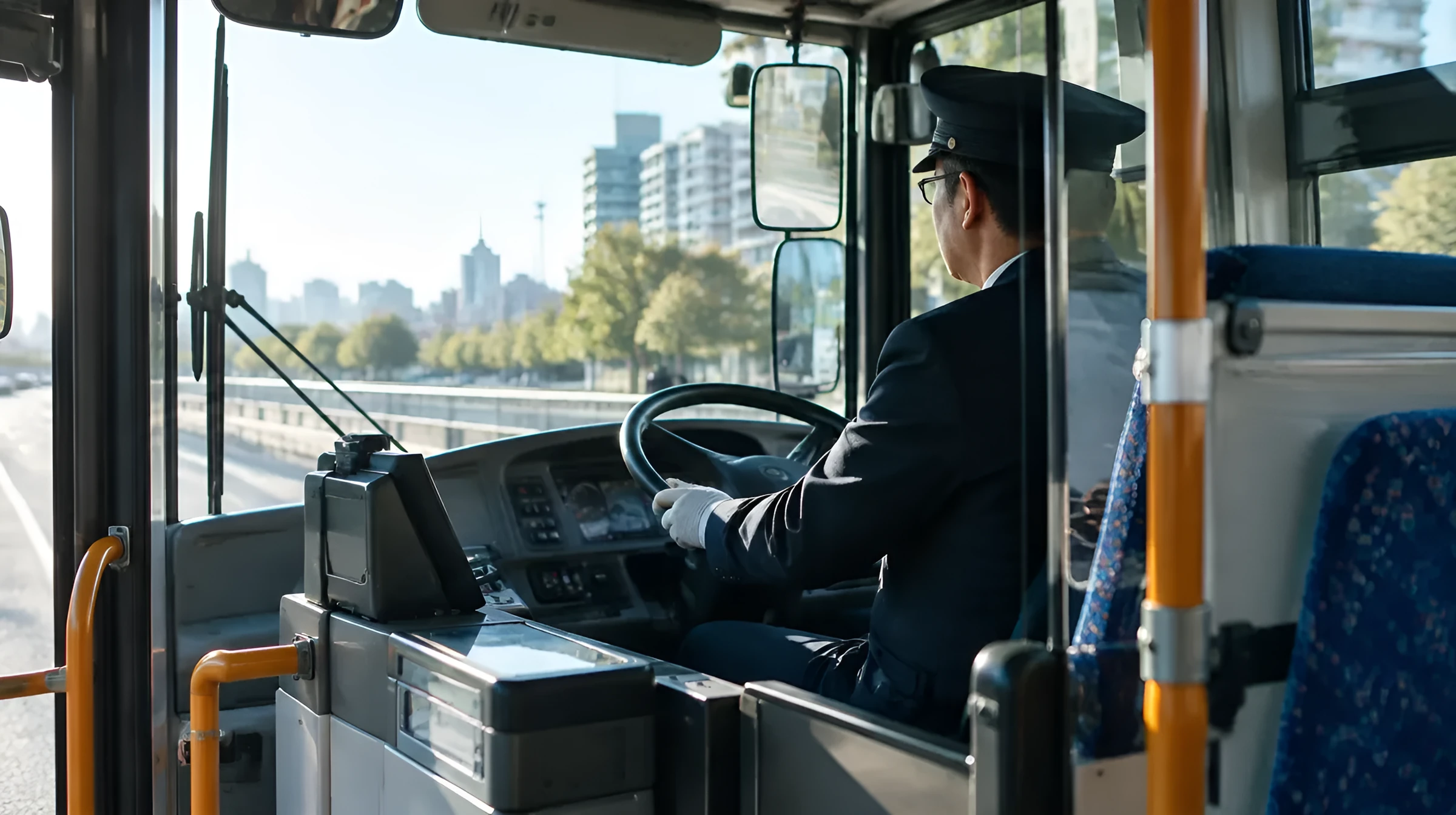 バスの運転席で運転する運転手