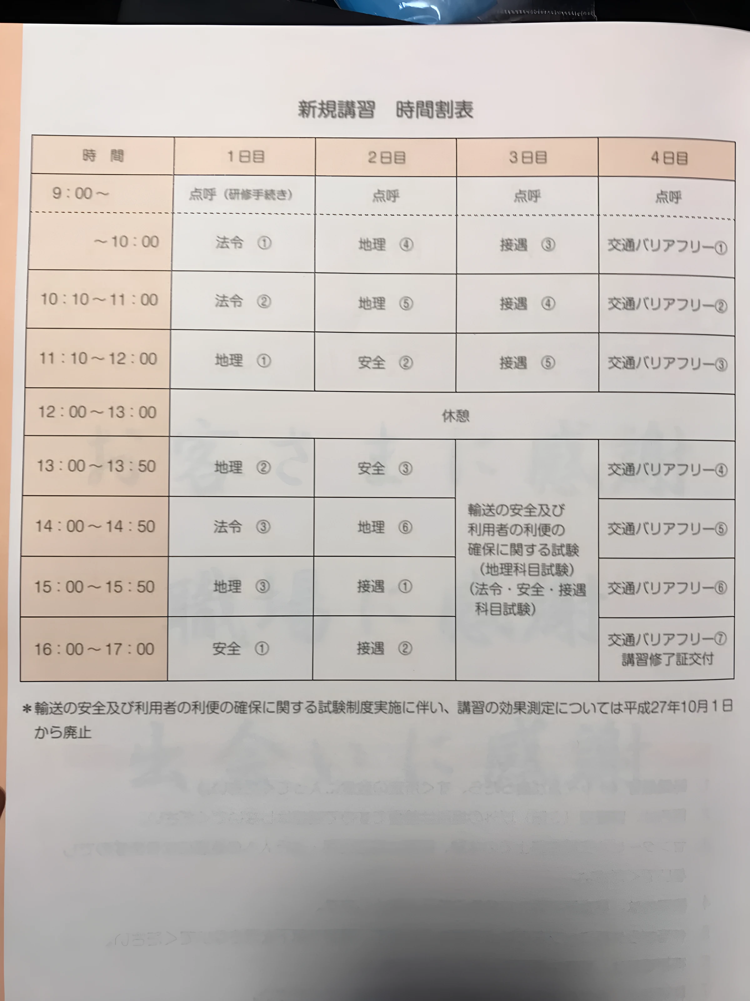 2018年当時の東京タクシーセンター新規講習の時間割表。4日間の構成で、1日目と2日目に地理が6コマ、3日目の午後に地理科目試験と法令安全接遇科目試験がある