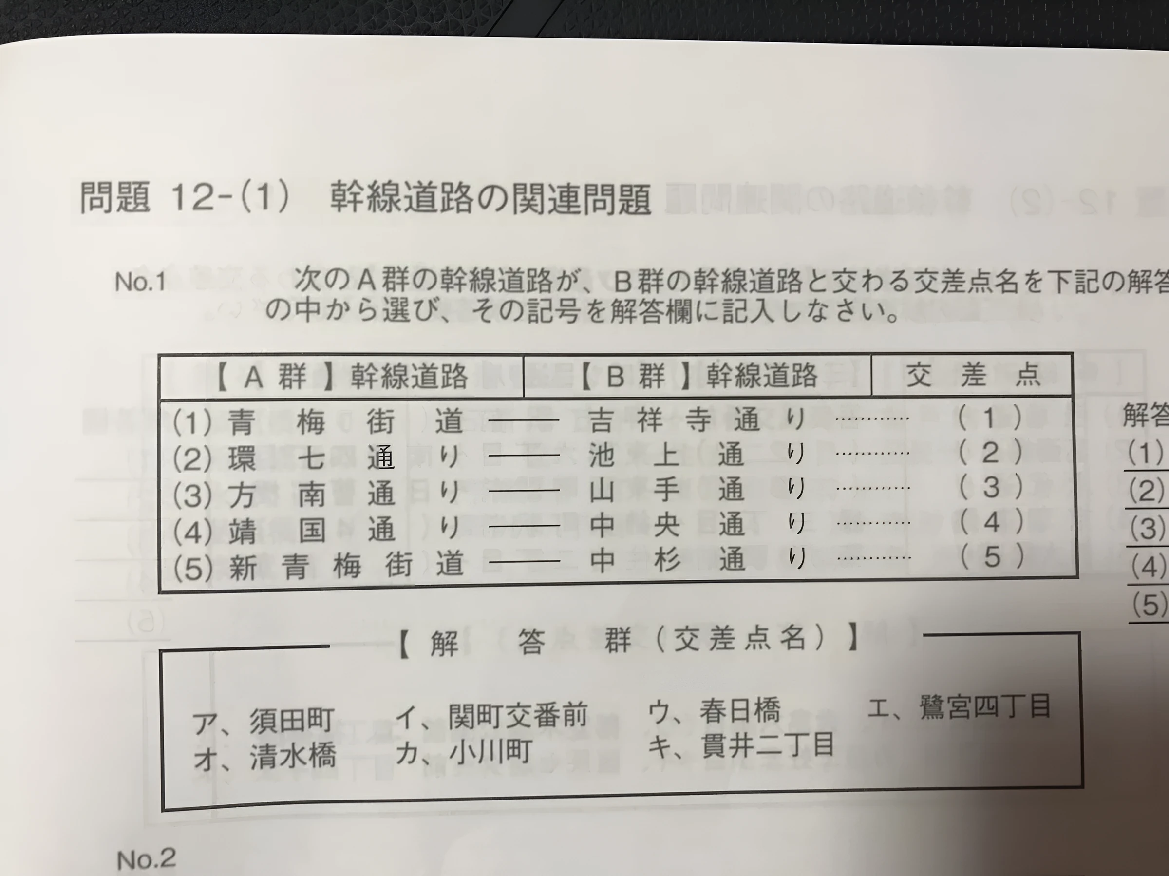 地理問題例集の問題12 幹線道路の関連問題。A群の幹線道路がB群の幹線道路と交わる交差点名を解答群の中から選ぶ形式