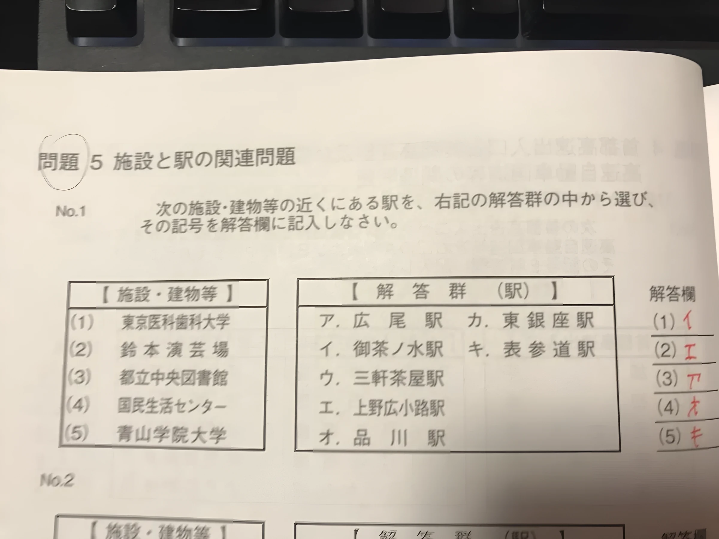 地理問題例集の問題5 施設と駅の関連問題。施設や建物の近くにある駅を解答群の中から選ぶ形式
