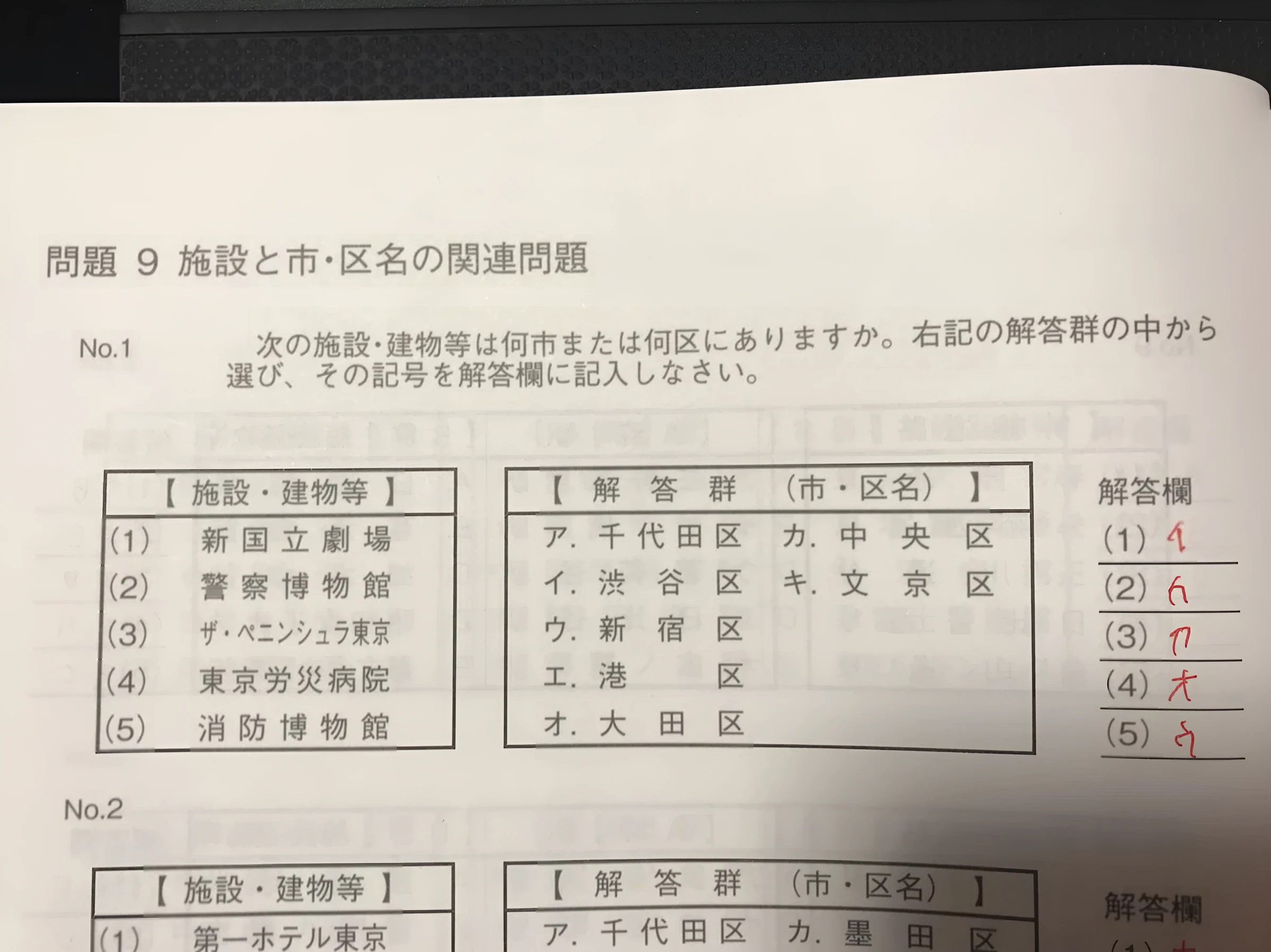 地理問題例集の問題9 施設と市・区名の関連問題。施設や建物が何市または何区にあるかを解答群から選ぶ形式