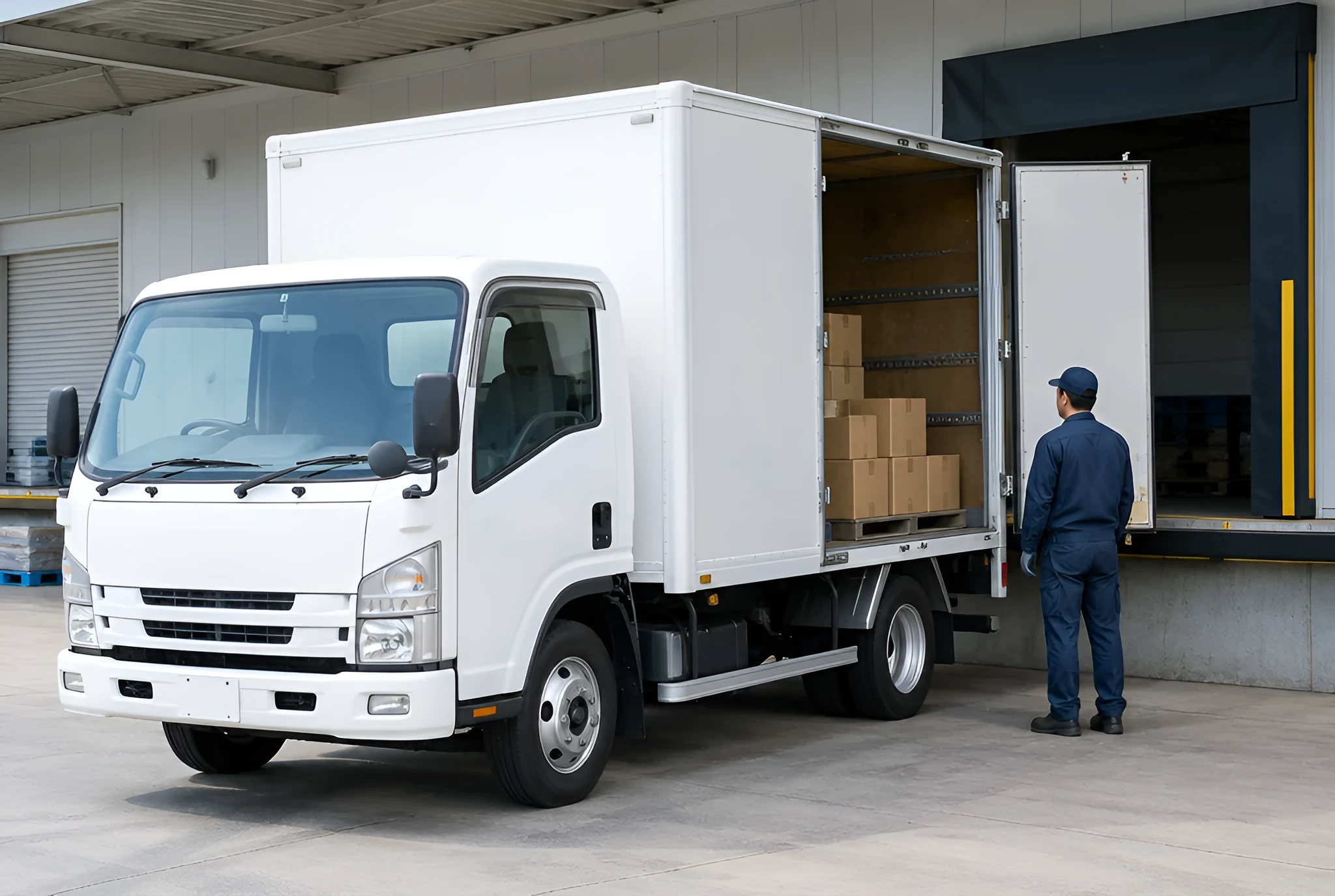 物流センターの荷台の前に止まった白い箱型トラックと作業着の人