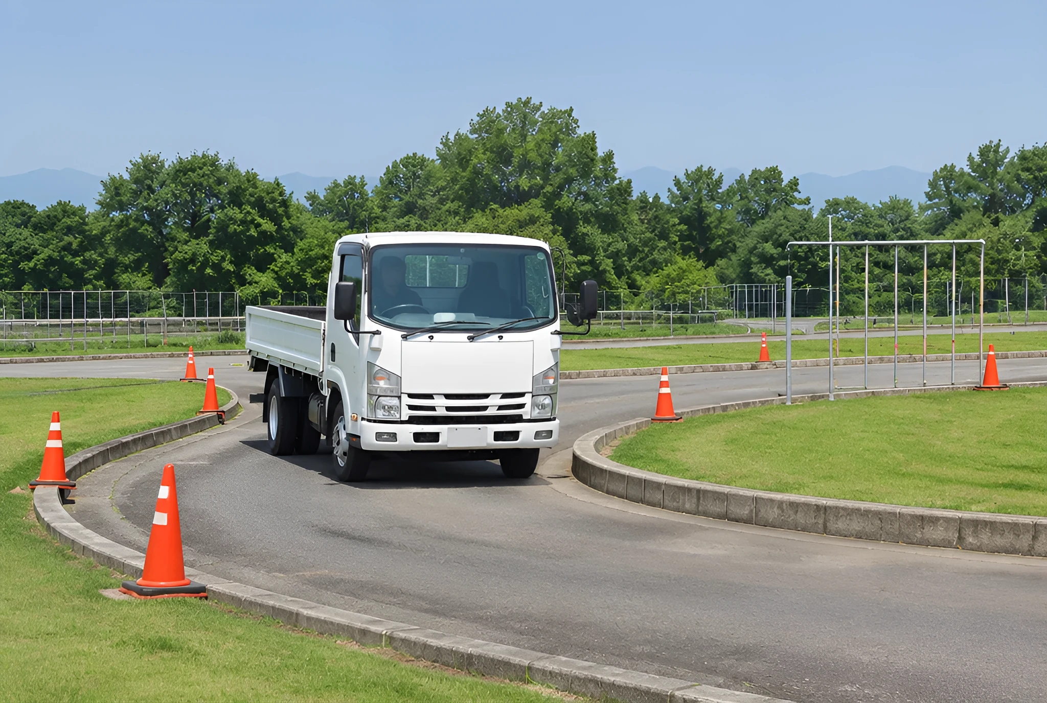 教習コースのカーブを走る白い平ボディのトラックとパイロン