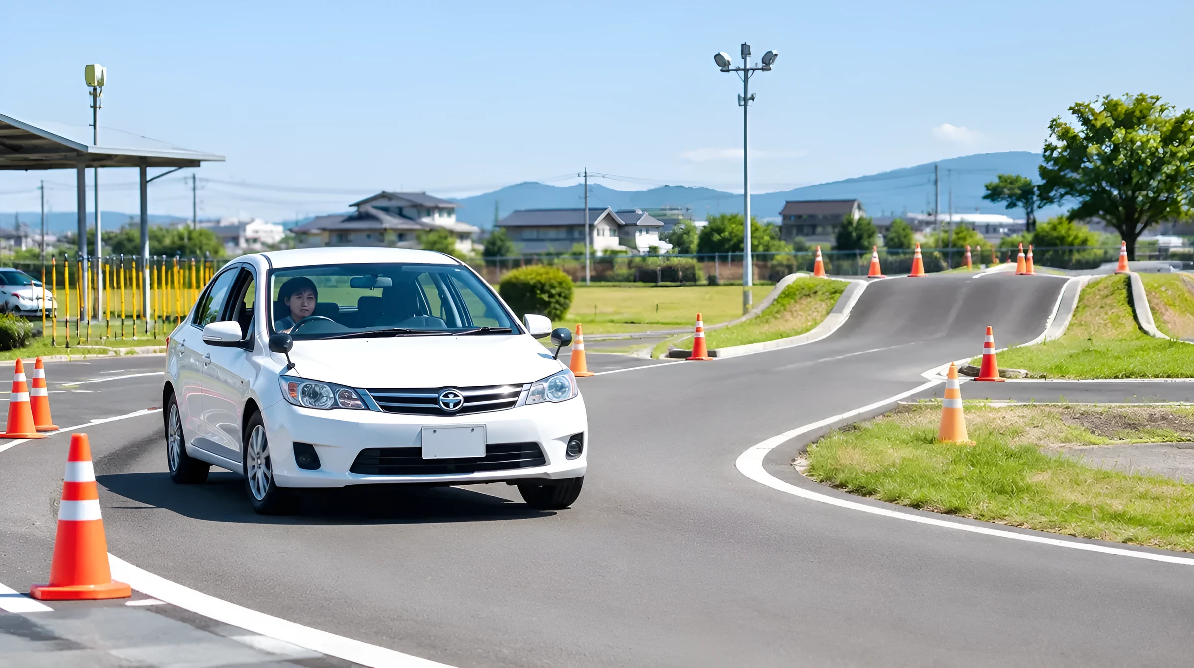 教習所のコースを走る白い教習車