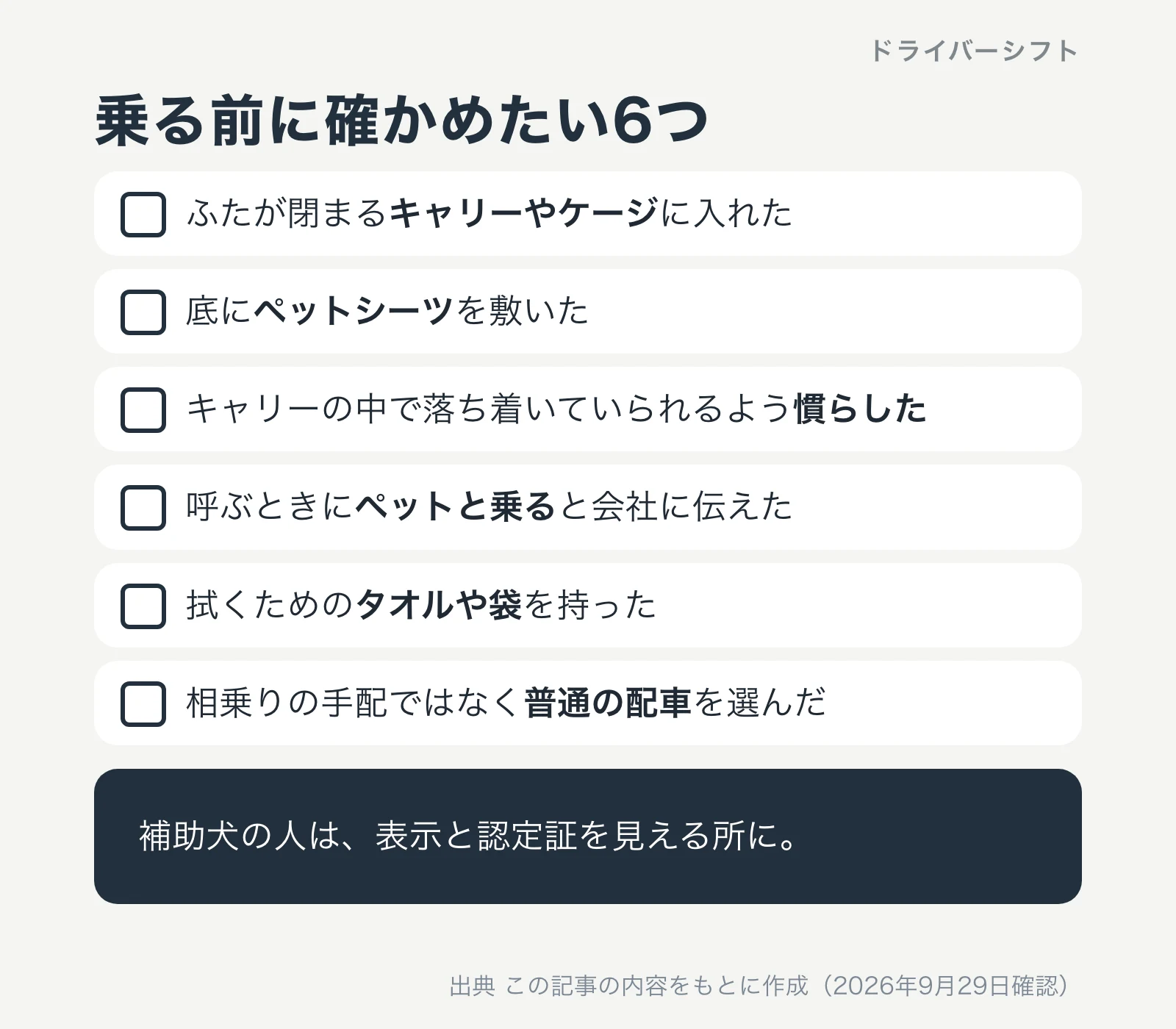 ペットとタクシーに乗る前に確かめたい6つ。キャリーやケージ、ペットシーツ、キャリーに慣らす、呼ぶときに伝える、タオルや袋、相乗りの手配を選ばない