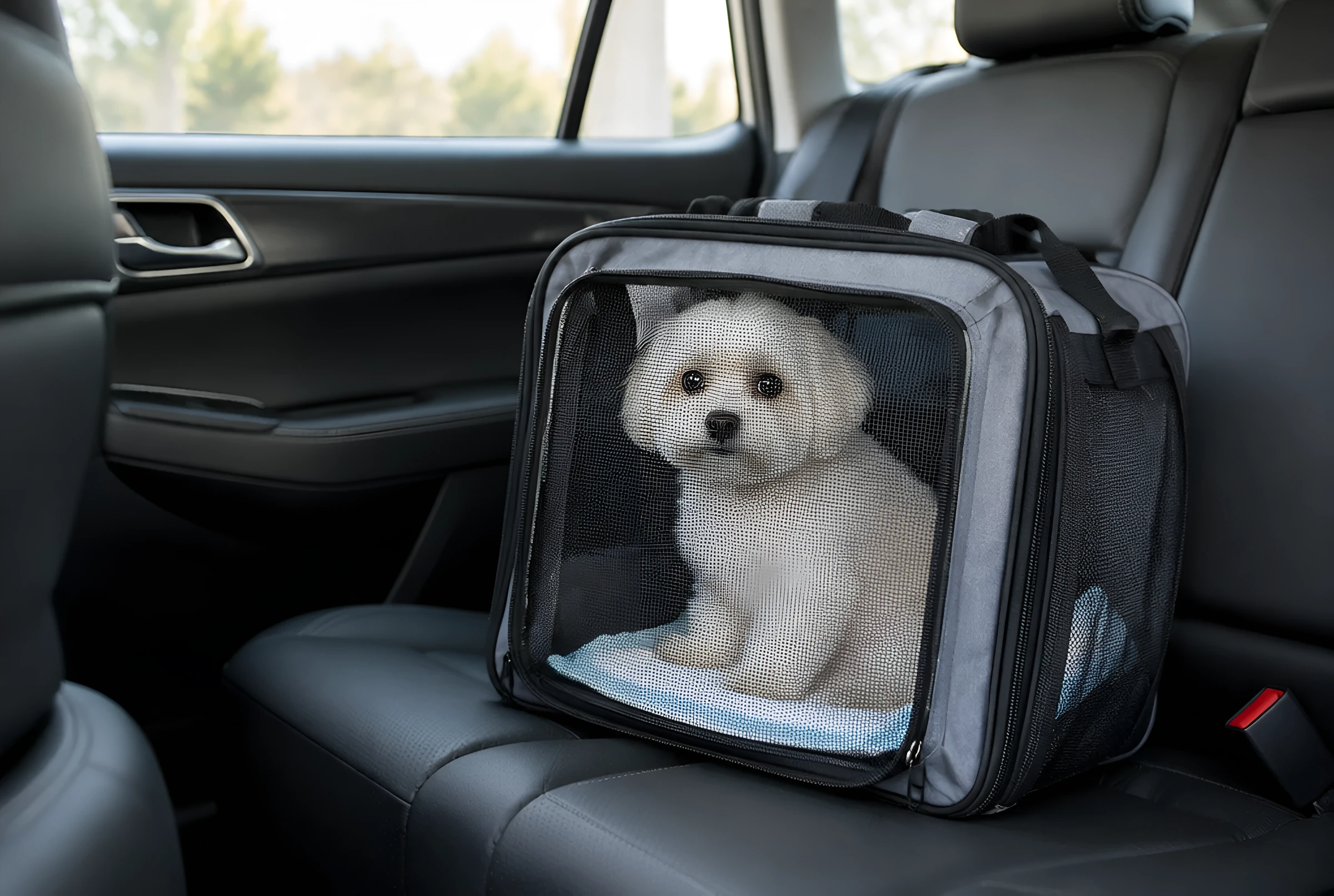 タクシーの後部座席に置いたメッシュのキャリーの中で、ペットシーツの上に座る小さな白い犬