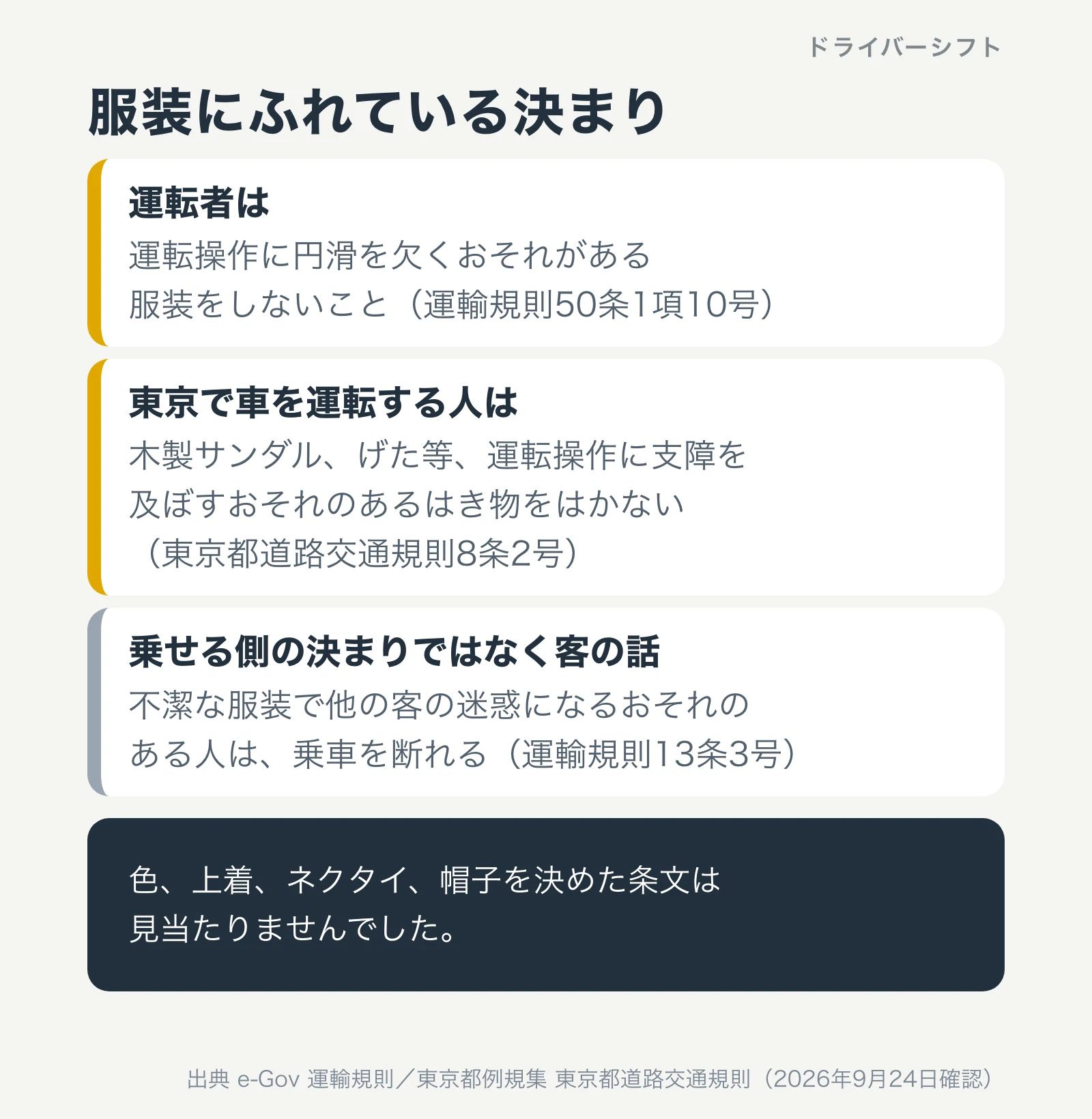 服装にふれている決まり。運転者は運転操作に円滑を欠くおそれがある服装をしない。東京では木製サンダル、げた等の履物で運転しない。不潔な服装の決まりは客の話