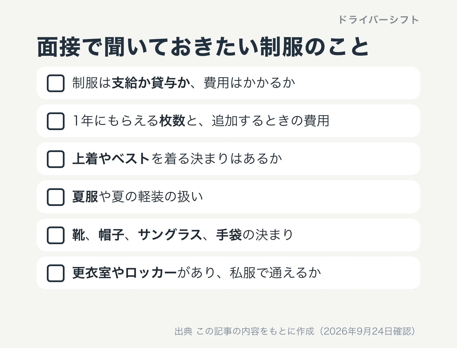 面接で聞いておきたい制服のこと。支給か貸与か、枚数と追加の費用、上着やベストの決まり、夏服、靴や帽子やサングラスや手袋、更衣室とロッカー
