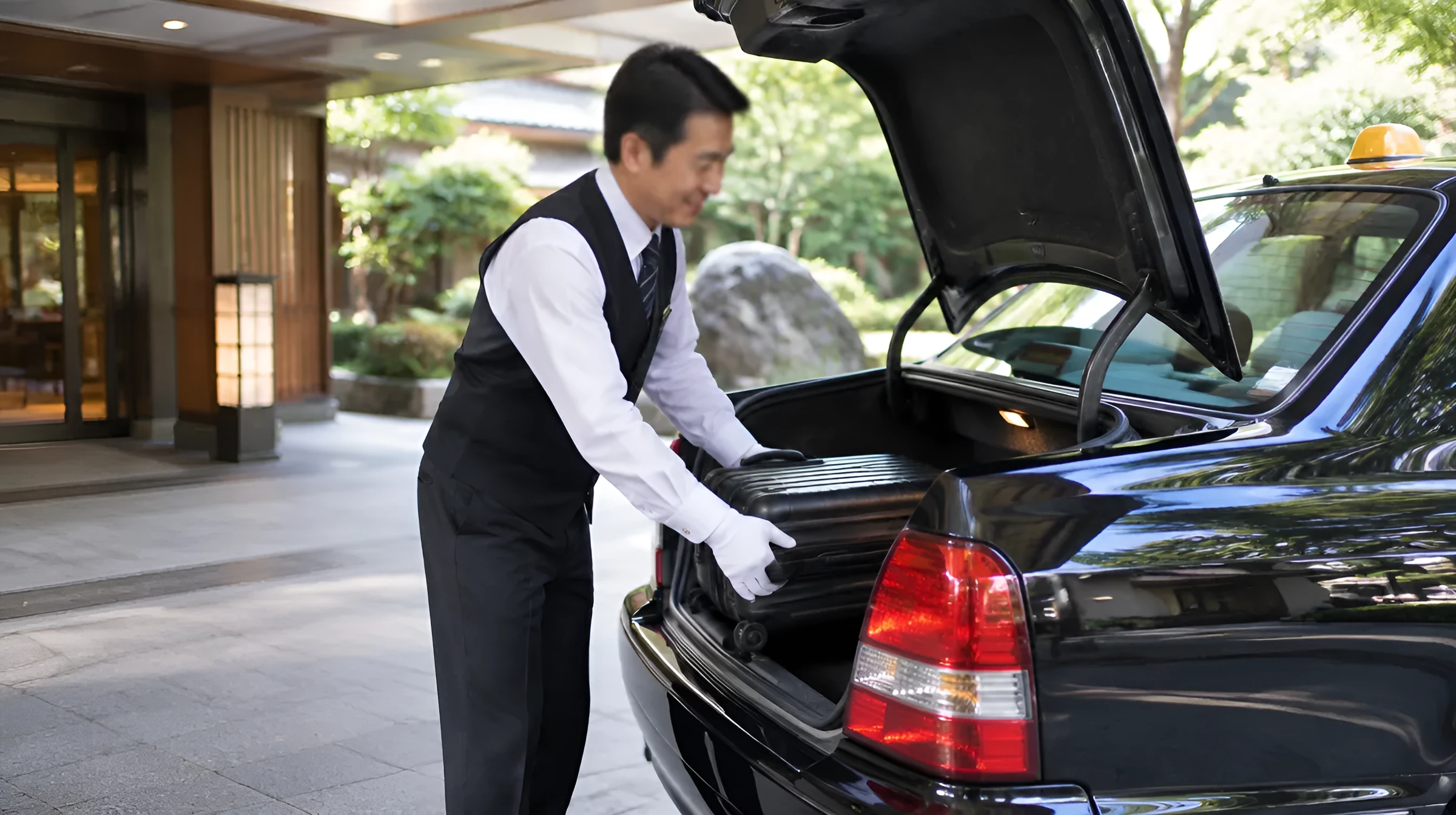 ホテルの車寄せでお客さんの荷物を積む乗務員