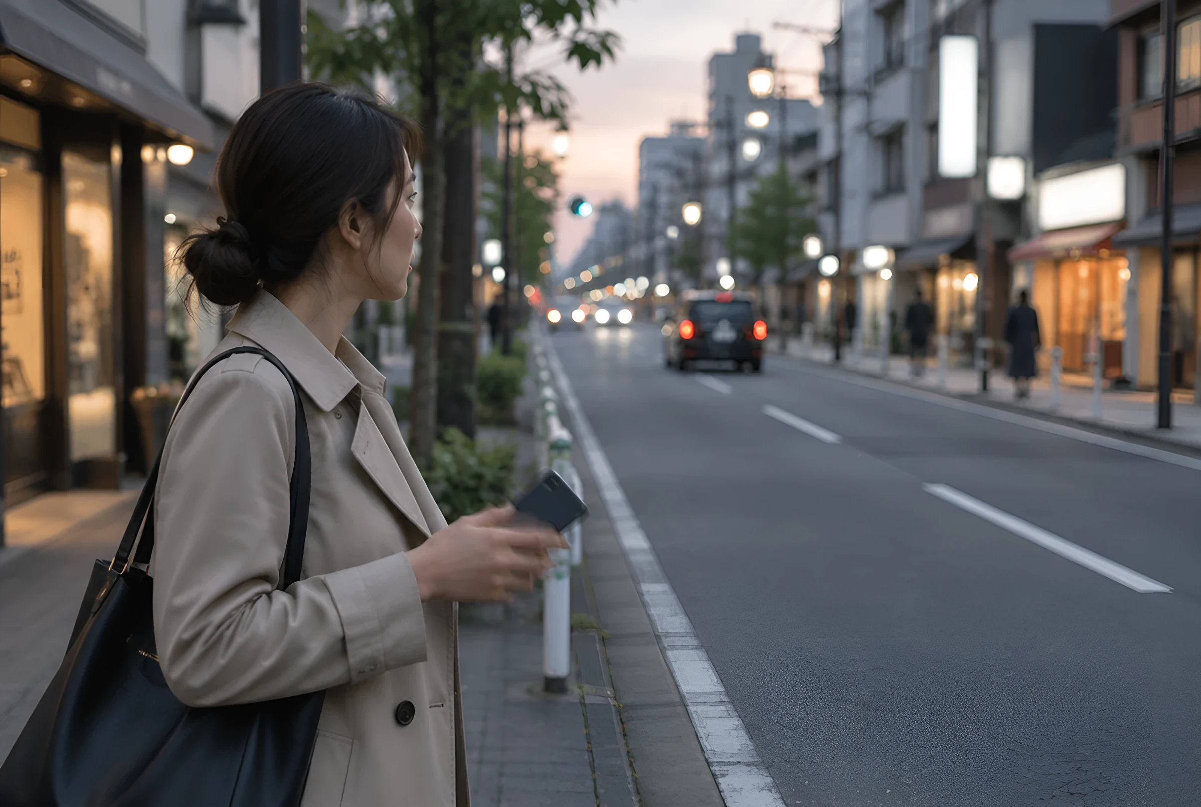 夕方の歩道でスマホを手に、近づいてくるタクシーを待つ女性