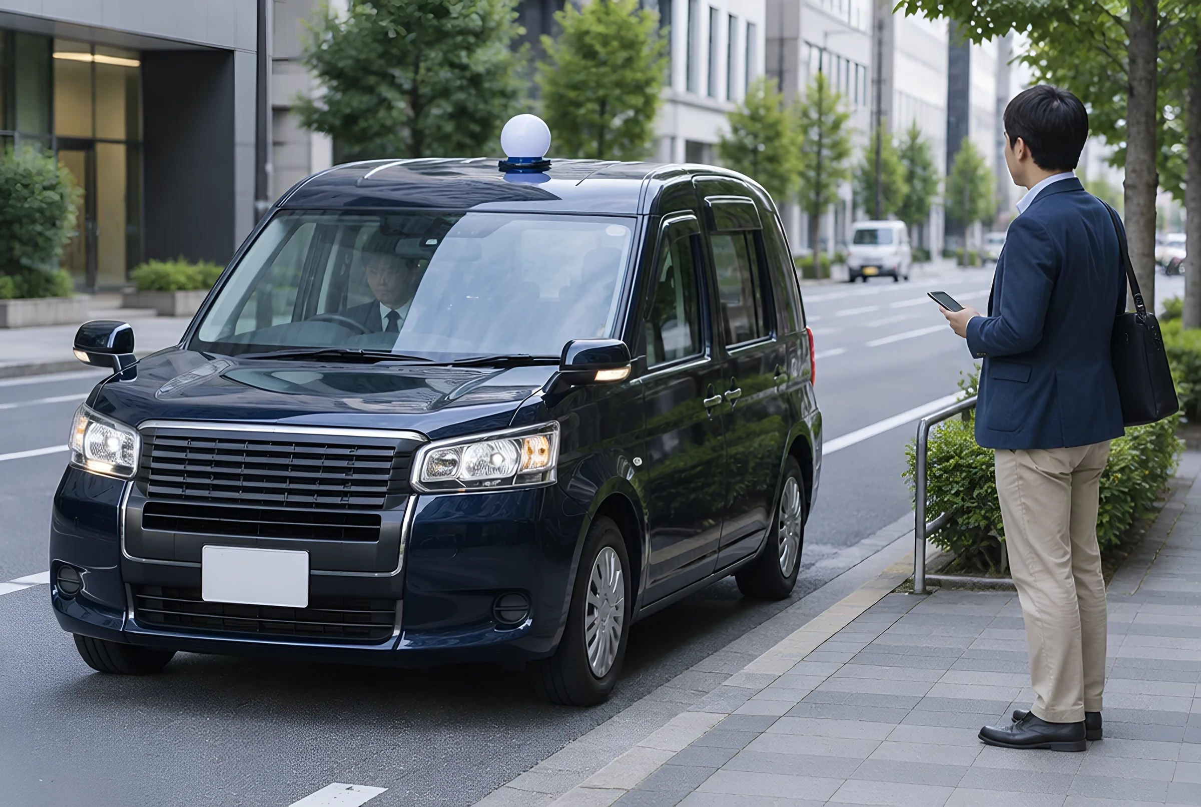 歩道でスマホを持って待つ男性の前に止まる紺色のタクシー