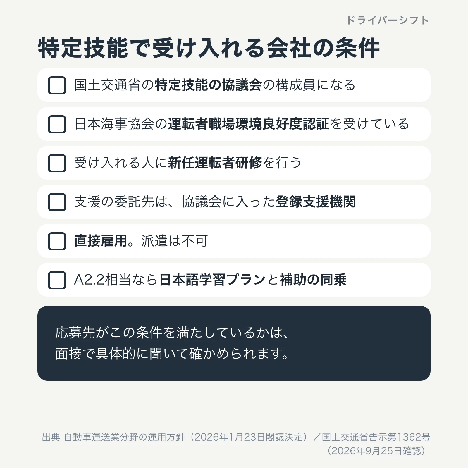特定技能で受け入れる会社の条件。特定技能の協議会の構成員、運転者職場環境良好度認証、新任運転者研修の実施、協議会に入っている登録支援機関への委託、直接雇用、A2.2相当なら日本語学習プランと補助の同乗