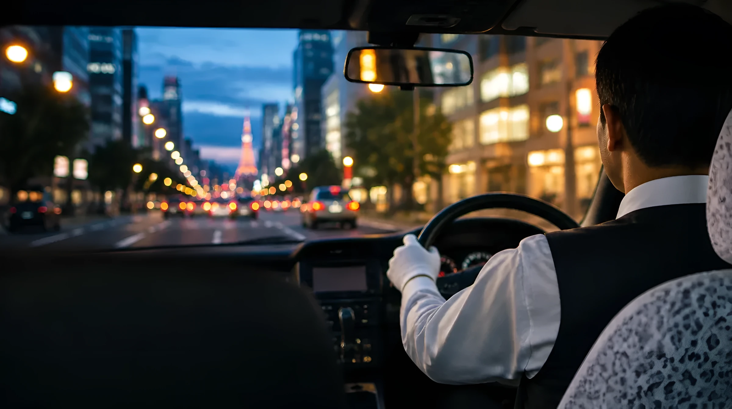 夜の都心を走るタクシーの運転席からの眺め