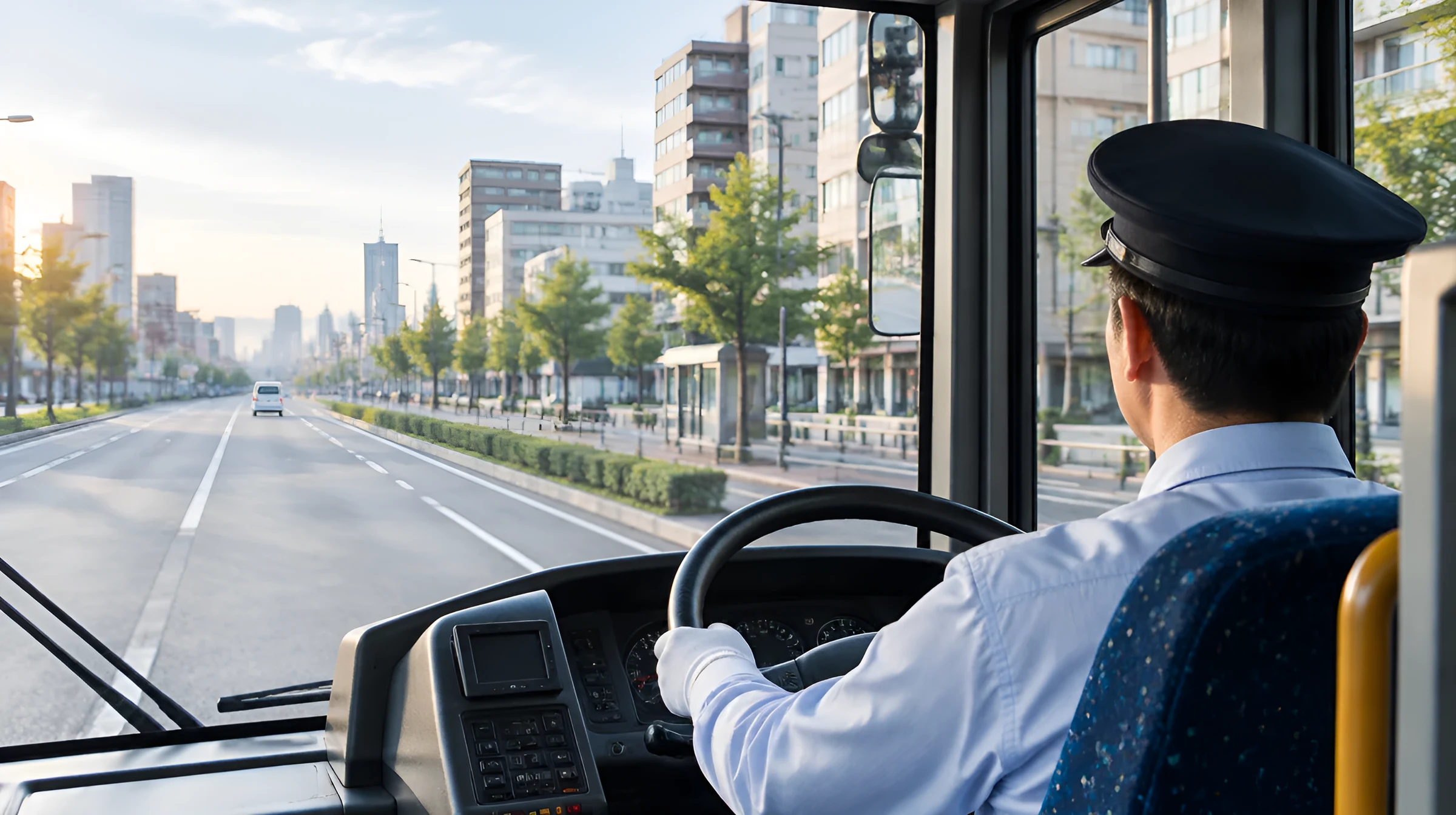 バスの運転席から見た市街地の道路と、ハンドルを握る運転者