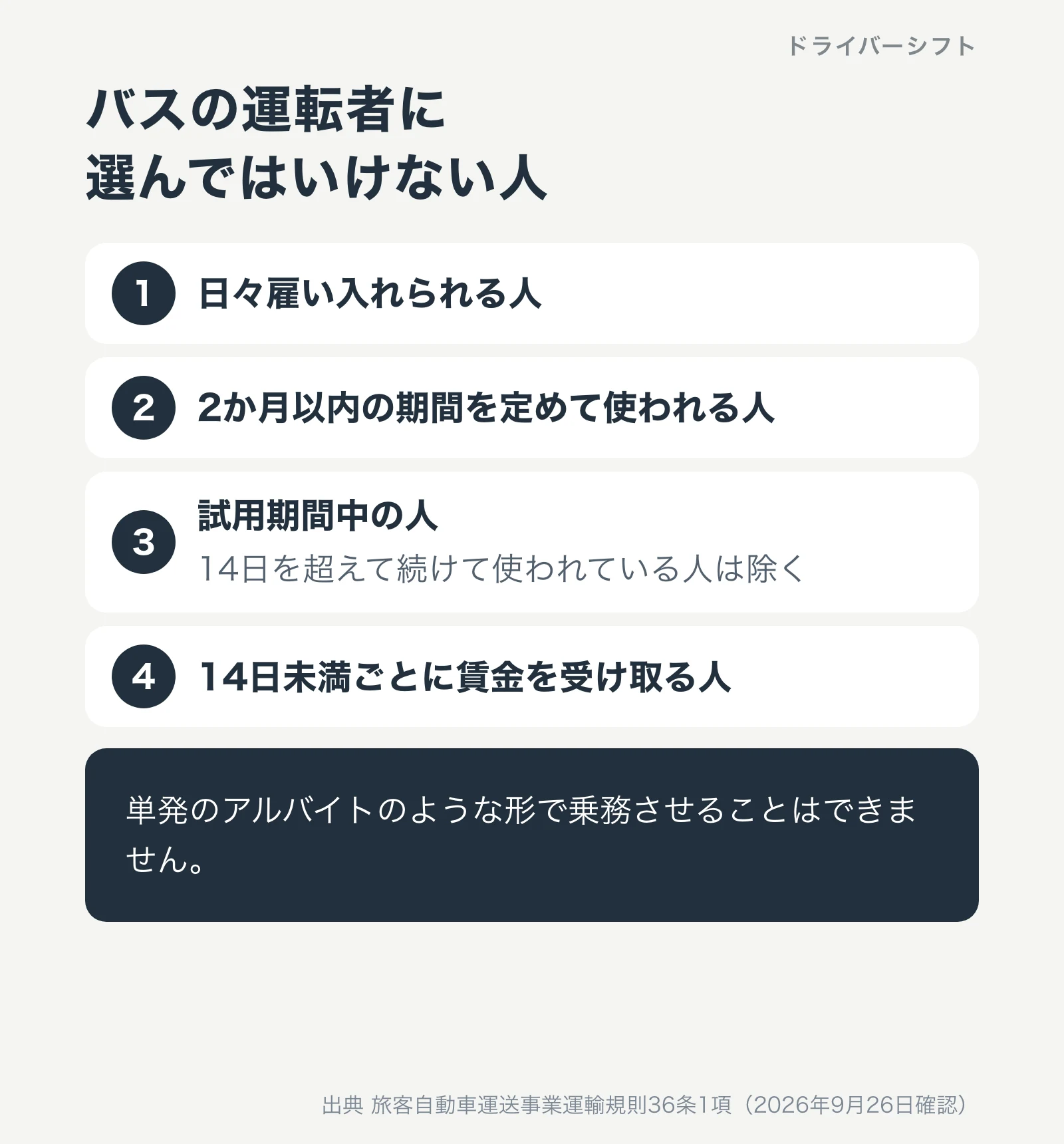 バスの運転者に選んではいけない人。日々雇い入れられる人、2か月以内の期間を定めて使われる人、試用期間中の人（14日超は除く）、14日未満ごとに賃金を受け取る人