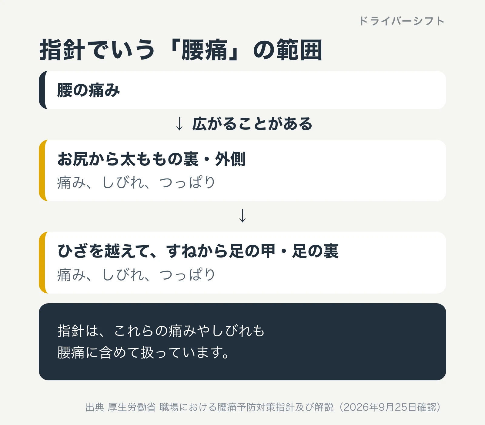 指針でいう腰痛の範囲。腰の痛みから、お尻と太ももの裏・外側、ひざを越えてすねから足の甲・足の裏まで、痛み、しびれ、つっぱりを含む