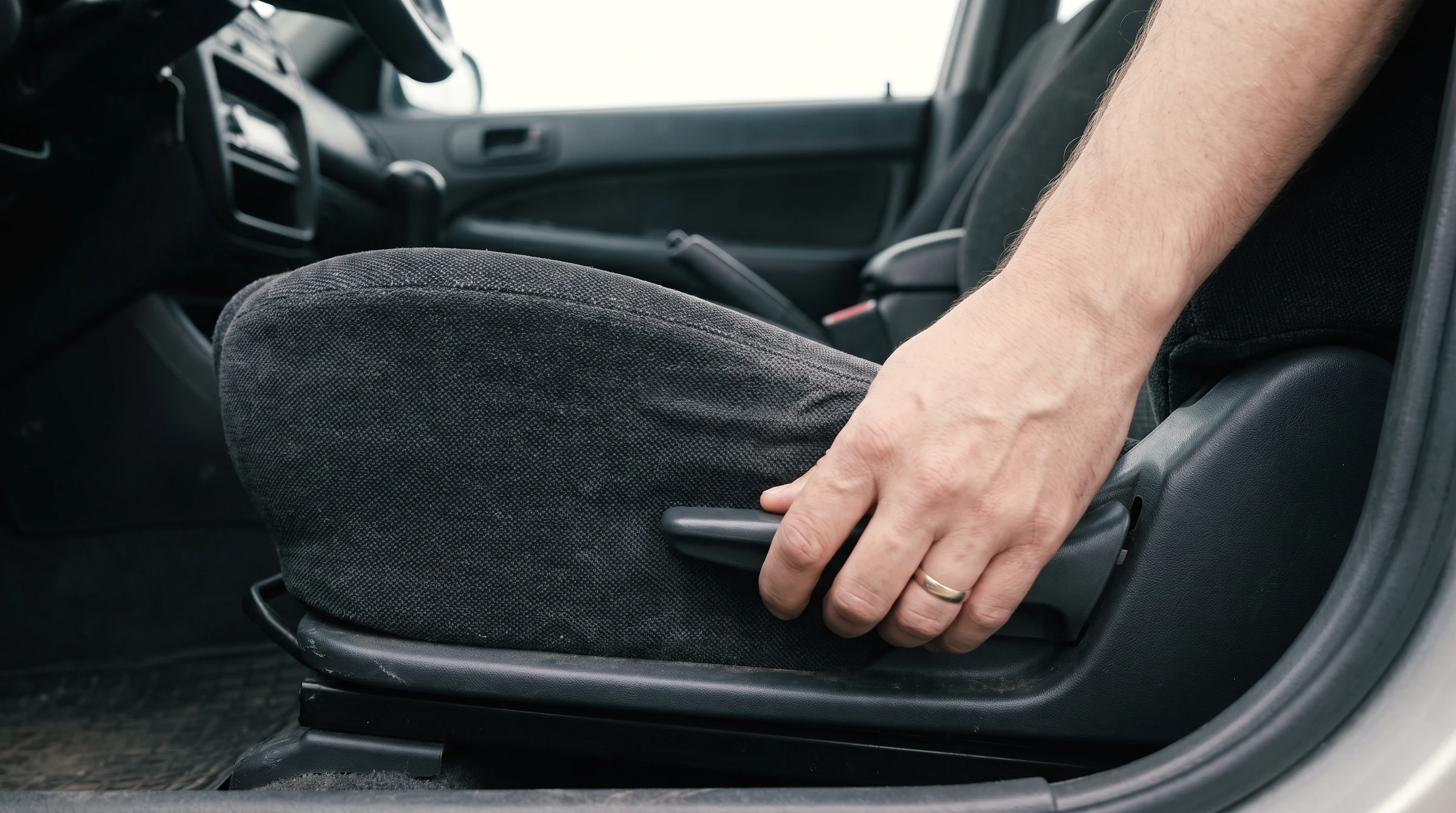 運転席の座席の下にある調整レバーに手をかけているところ