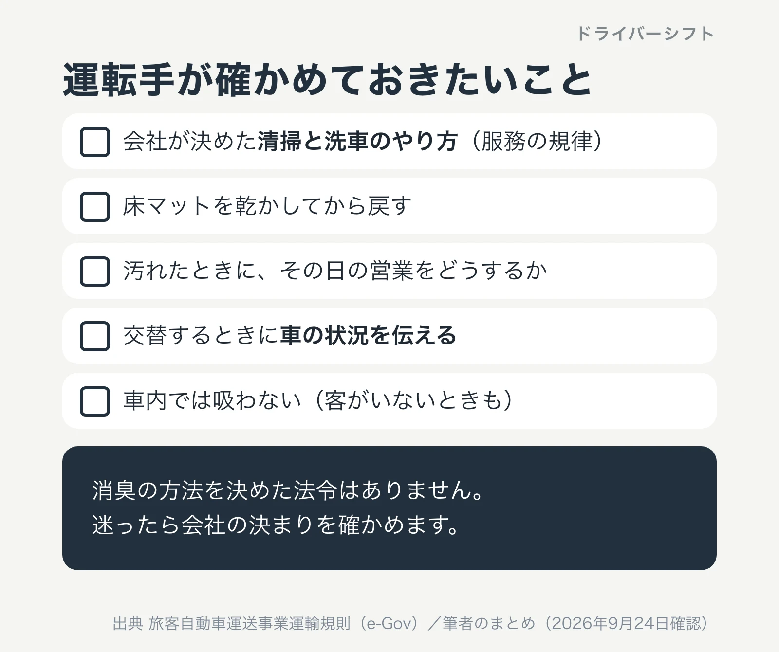 運転手が確かめておきたいこと。会社が決めた清掃と洗車のやり方、床マットを乾かしてから戻す、汚れたときにその日の営業をどうするか、交替するときに車の状況を伝える、車内では吸わない