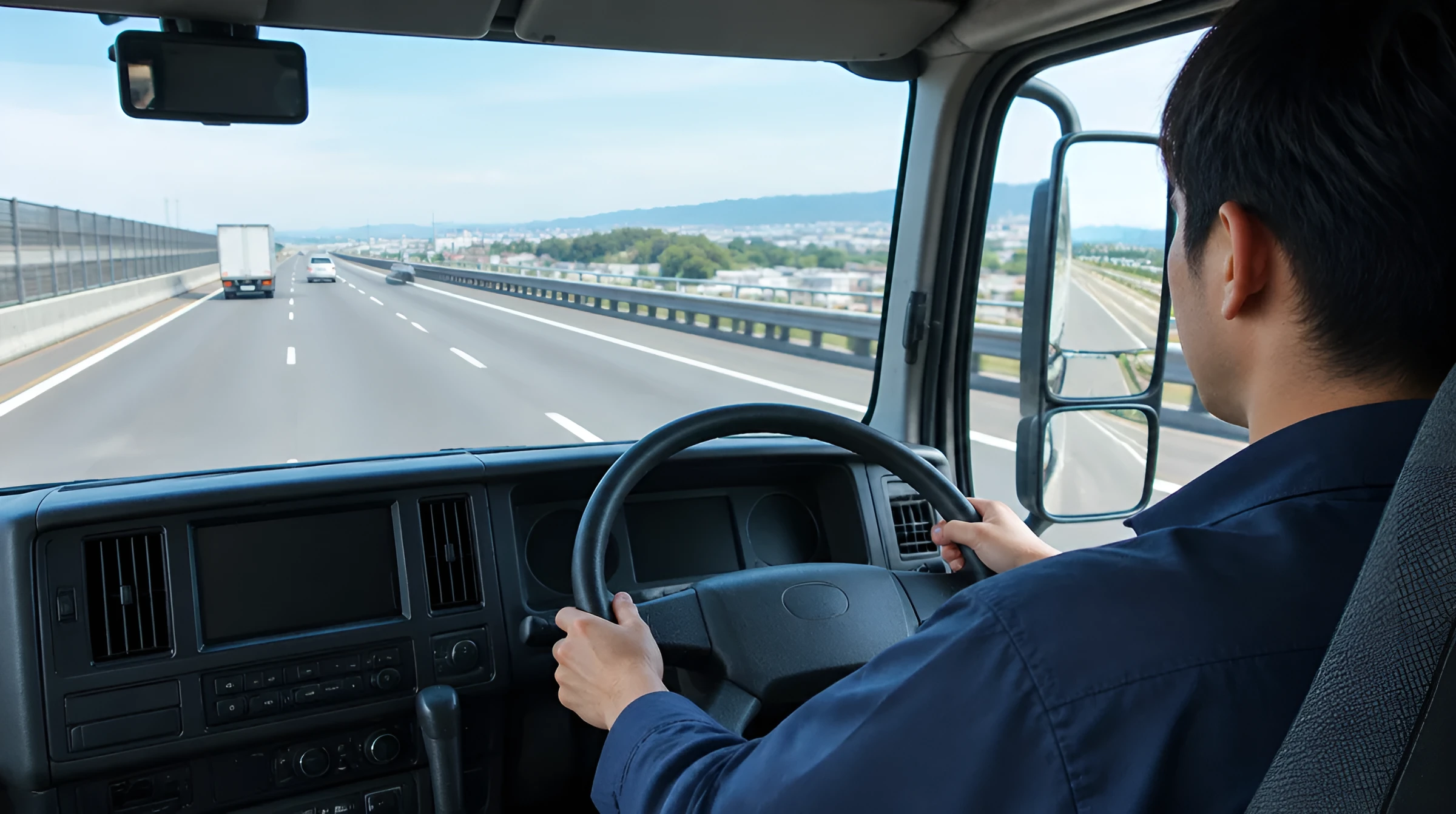 高速道路で大型トラックを運転する人の運転席からの眺め
