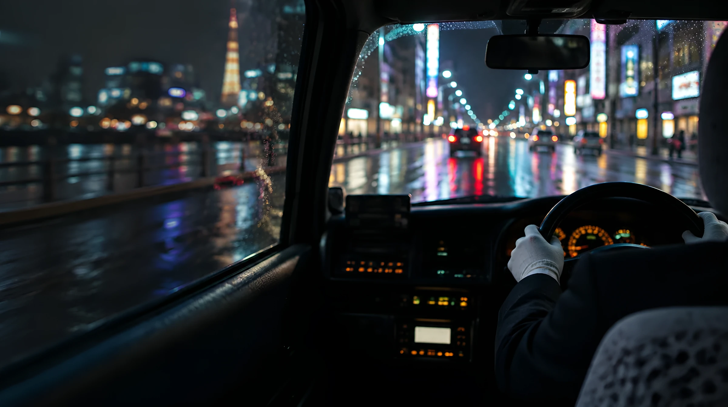 雨の夜に都内をタクシーで走っている車内の様子（イメージ）