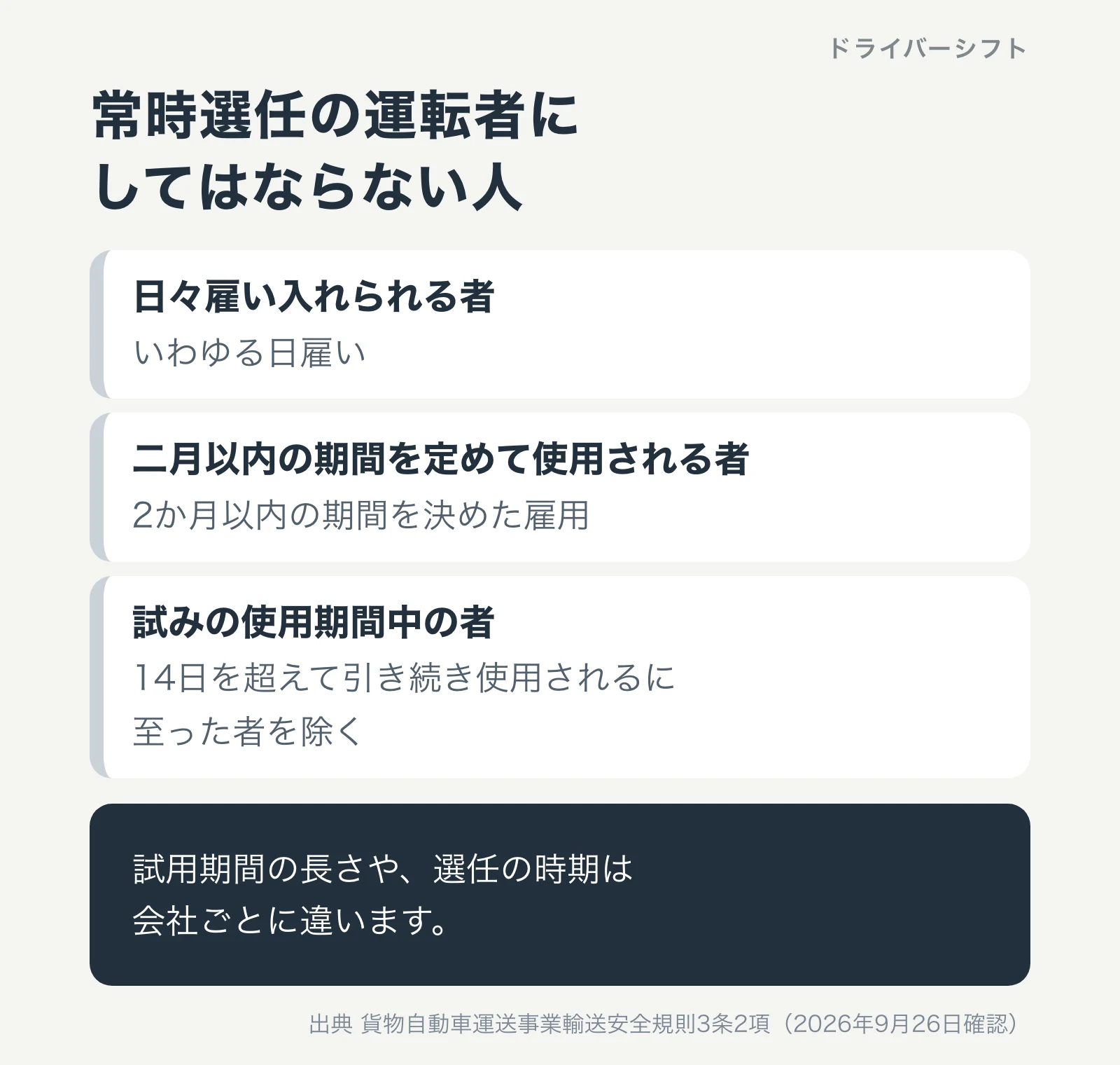 常時選任の運転者にしてはならない人。日々雇い入れられる者(いわゆる日雇い)、二月以内の期間を定めて使用される者、試みの使用期間中の者(14日を超えて引き続き使用されるに至った者を除く)。試用期間の長さや選任の時期は会社ごとに違う