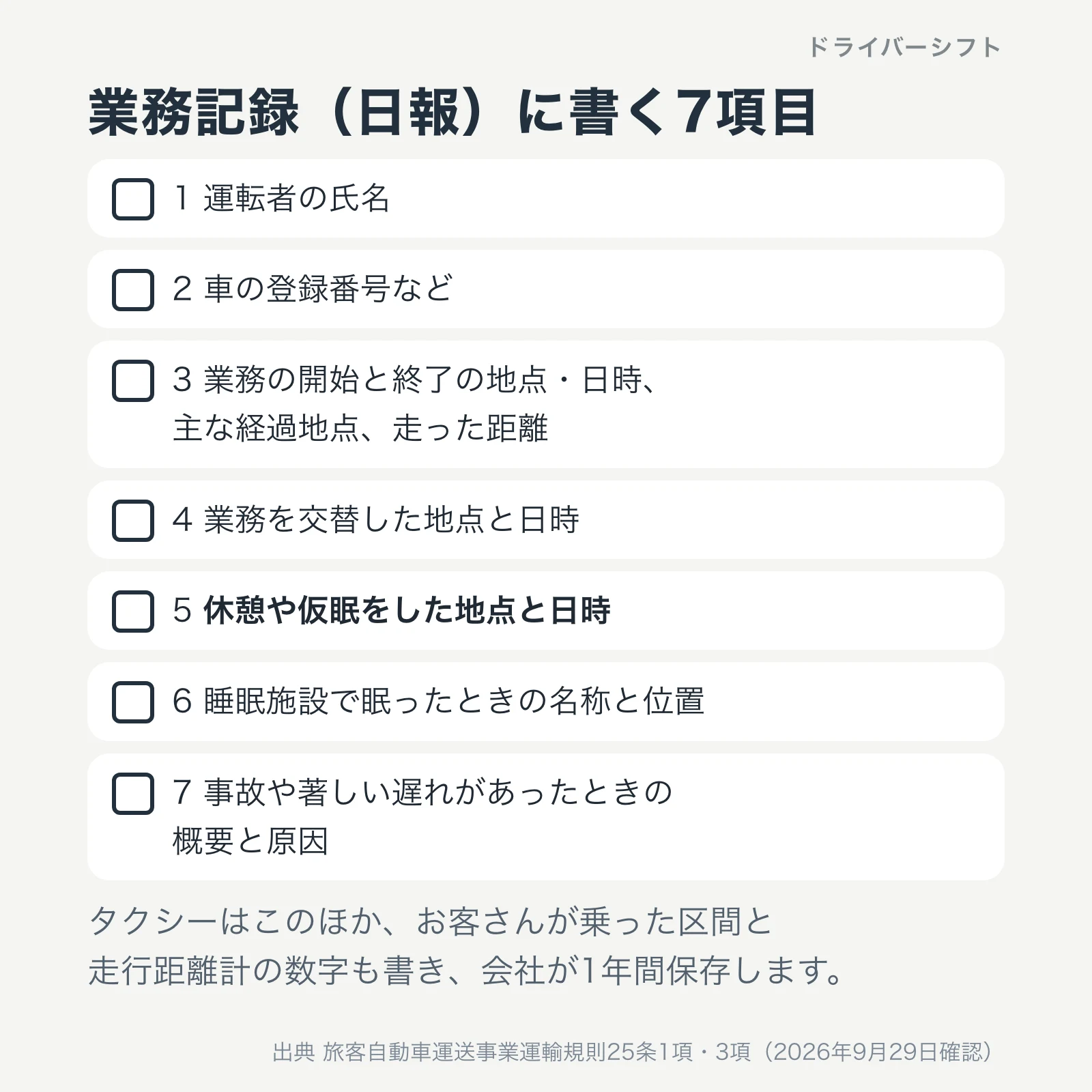 運輸規則25条で業務記録に書く7つの項目のチェックリスト