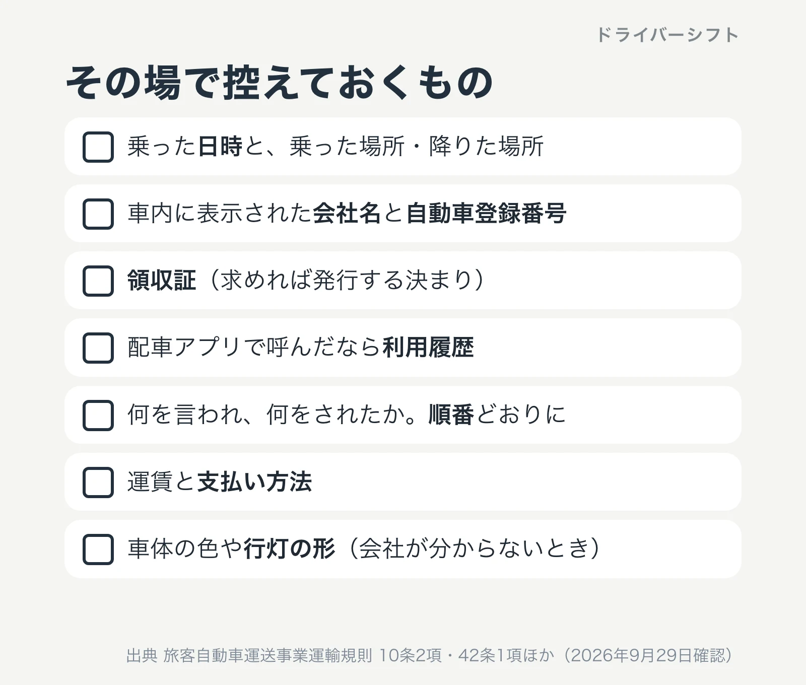 その場で控えておくもの。乗った日時と場所、会社名と自動車登録番号、領収証、配車アプリの利用履歴、言われたことの順番、運賃と支払い方法、車体の色や行灯の形