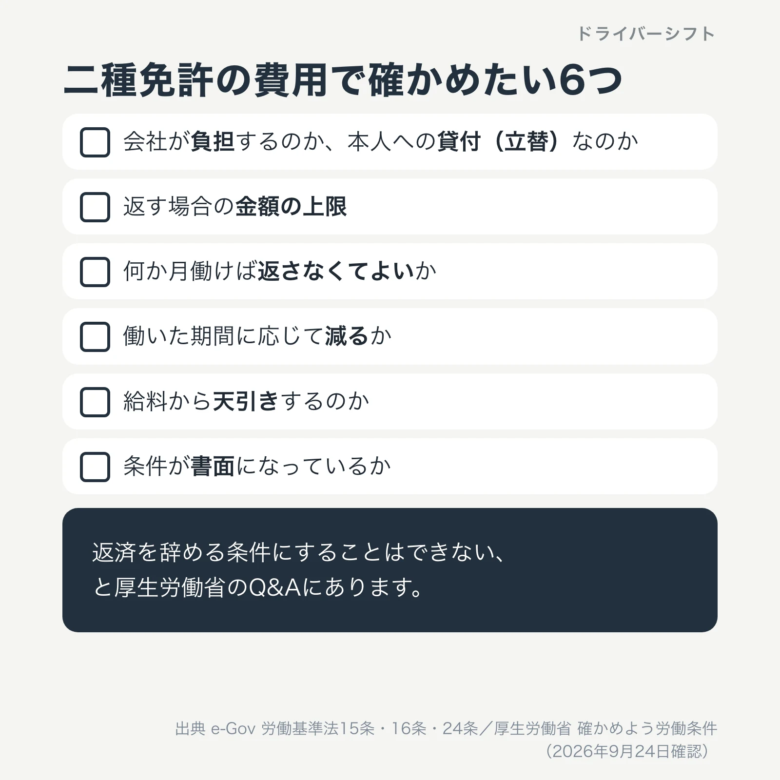 二種免許の費用で確かめたい6つ。会社の負担か本人への貸付か、返す場合の金額の上限、何か月働けば返さなくてよいか、働いた期間に応じて減るか、給料から天引きするか、書面になっているか