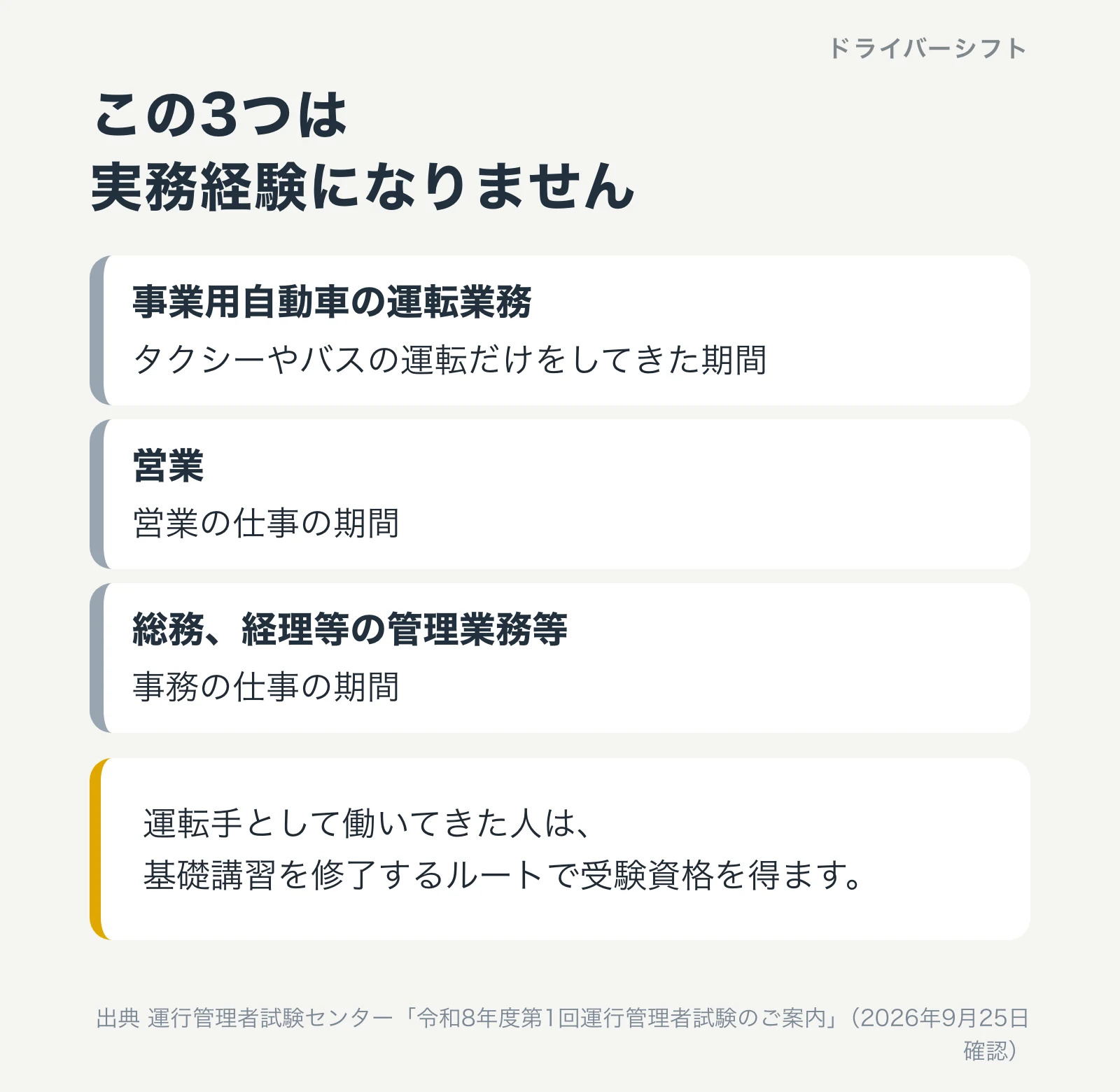 運行管理者試験の実務経験にならない3つの仕事。事業用自動車の運転業務、営業、総務や経理などの管理業務。運転手として働いてきた人は基礎講習のルートで受験資格を得る