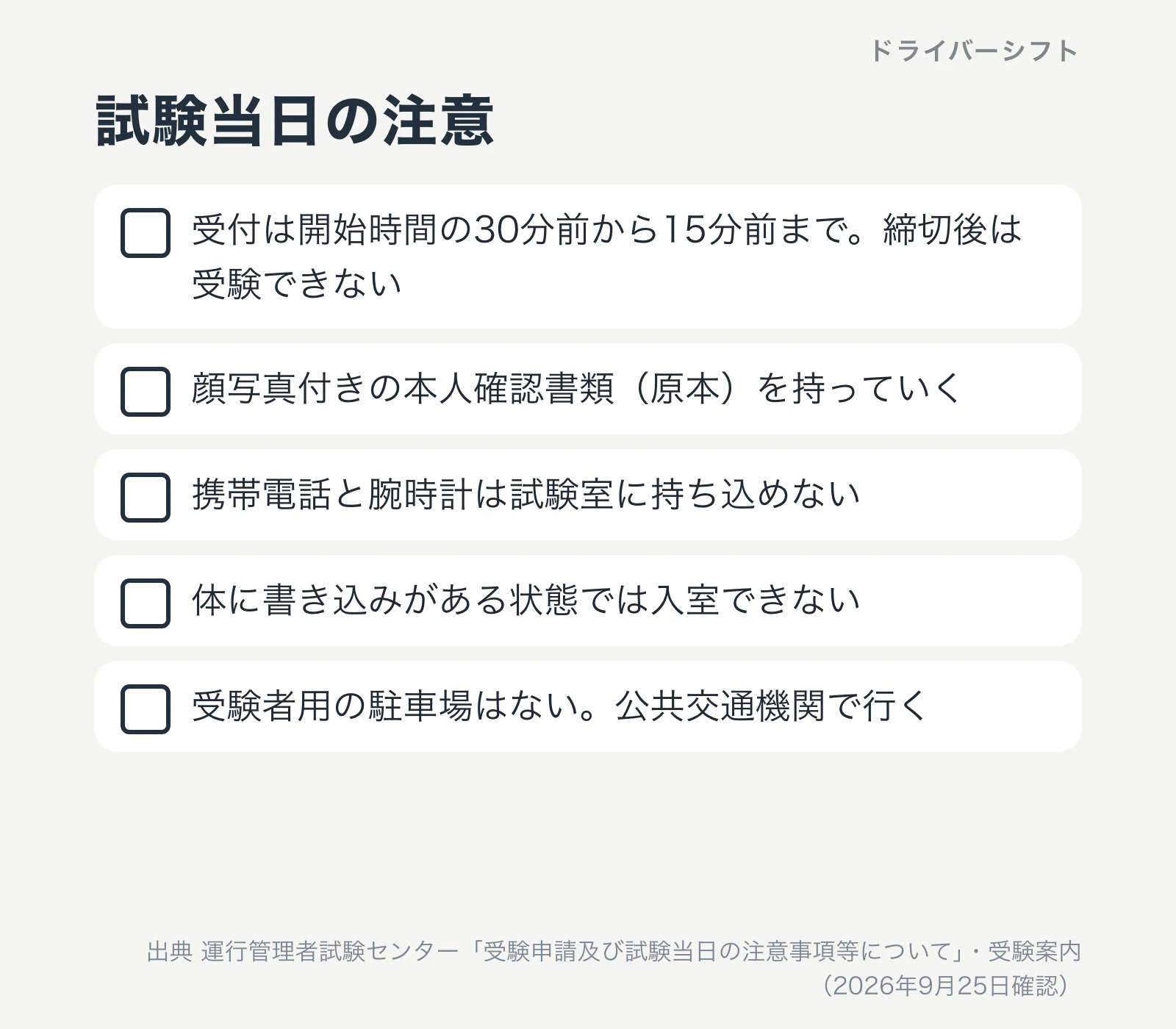 試験当日の注意。受付は開始時間の30分前から15分前まで。顔写真付き本人確認書類の原本を持参。携帯電話と腕時計は持ち込めない。体に書き込みがあると入室できない。受験者用の駐車場はない
