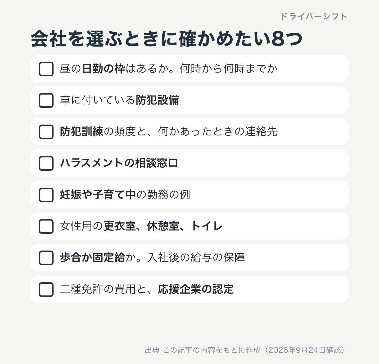 会社を選ぶときに確かめたい8つ。昼の日勤の枠、防犯設備、防犯訓練と連絡先、ハラスメントの相談窓口、妊娠や子育て中の勤務、更衣室やトイレ、歩合か固定給か、二種免許の費用と応援企業の認定