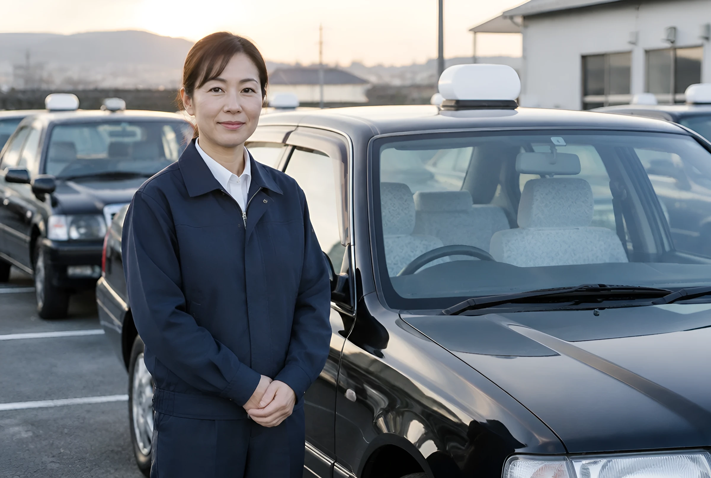 夕方のタクシー会社の車庫で、紺の制服を着て車の横に立つ女性の運転手
