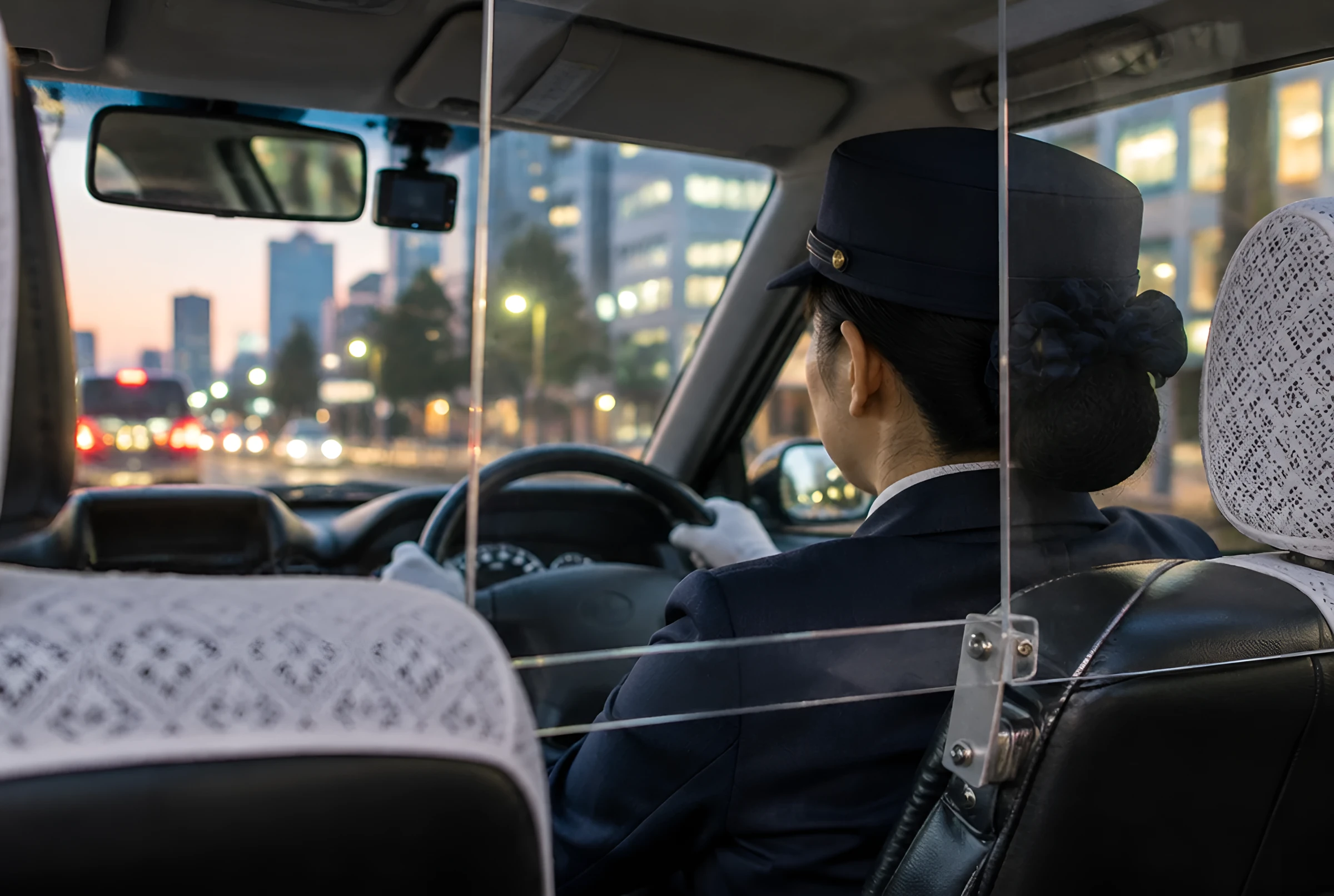 夕暮れの都心を走るタクシーを後ろの席から見た様子。制帽をかぶった女性の運転手と、運転席の後ろの透明な仕切板