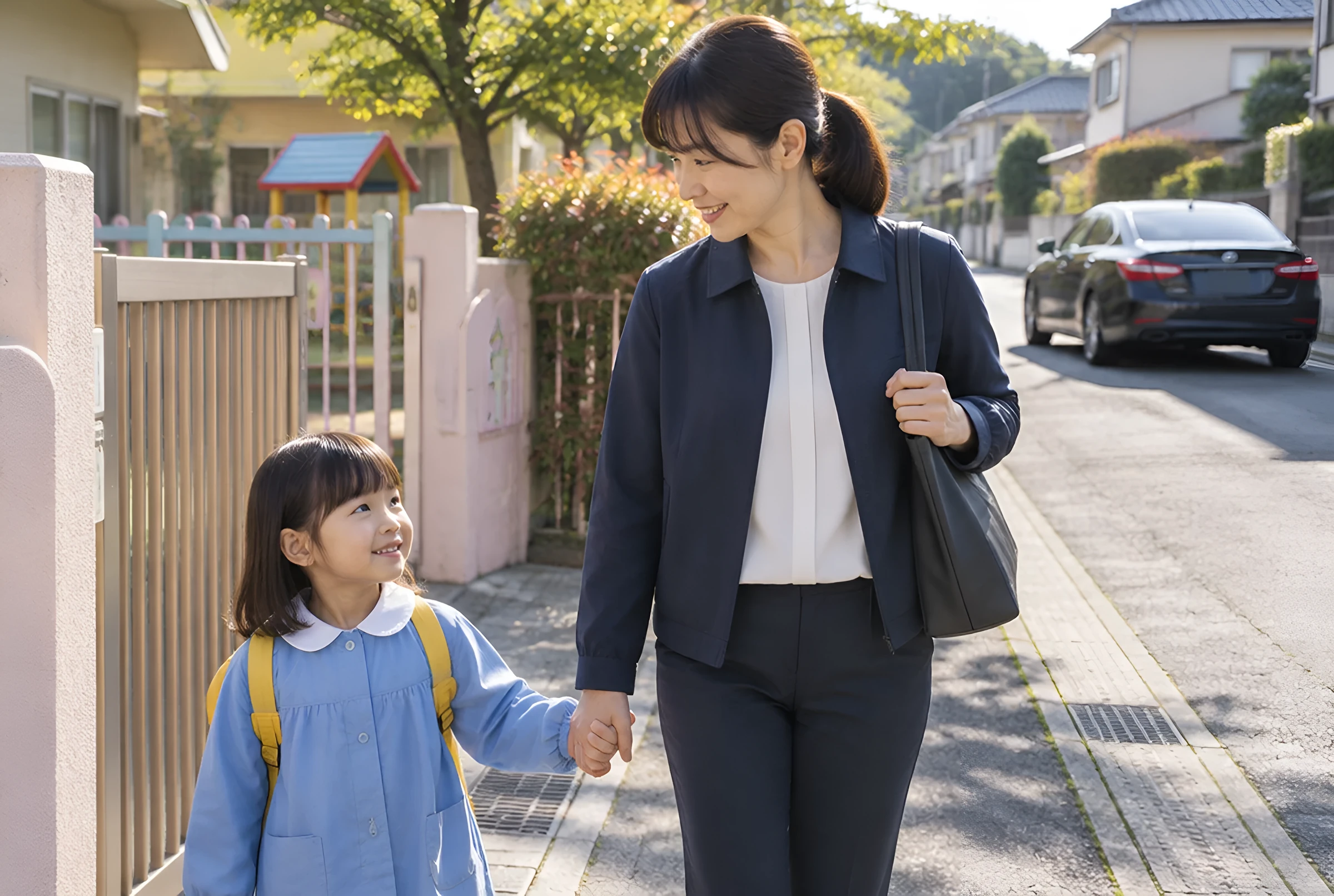 朝の住宅街で、幼稚園の門の前を子どもと手をつないで歩く母親