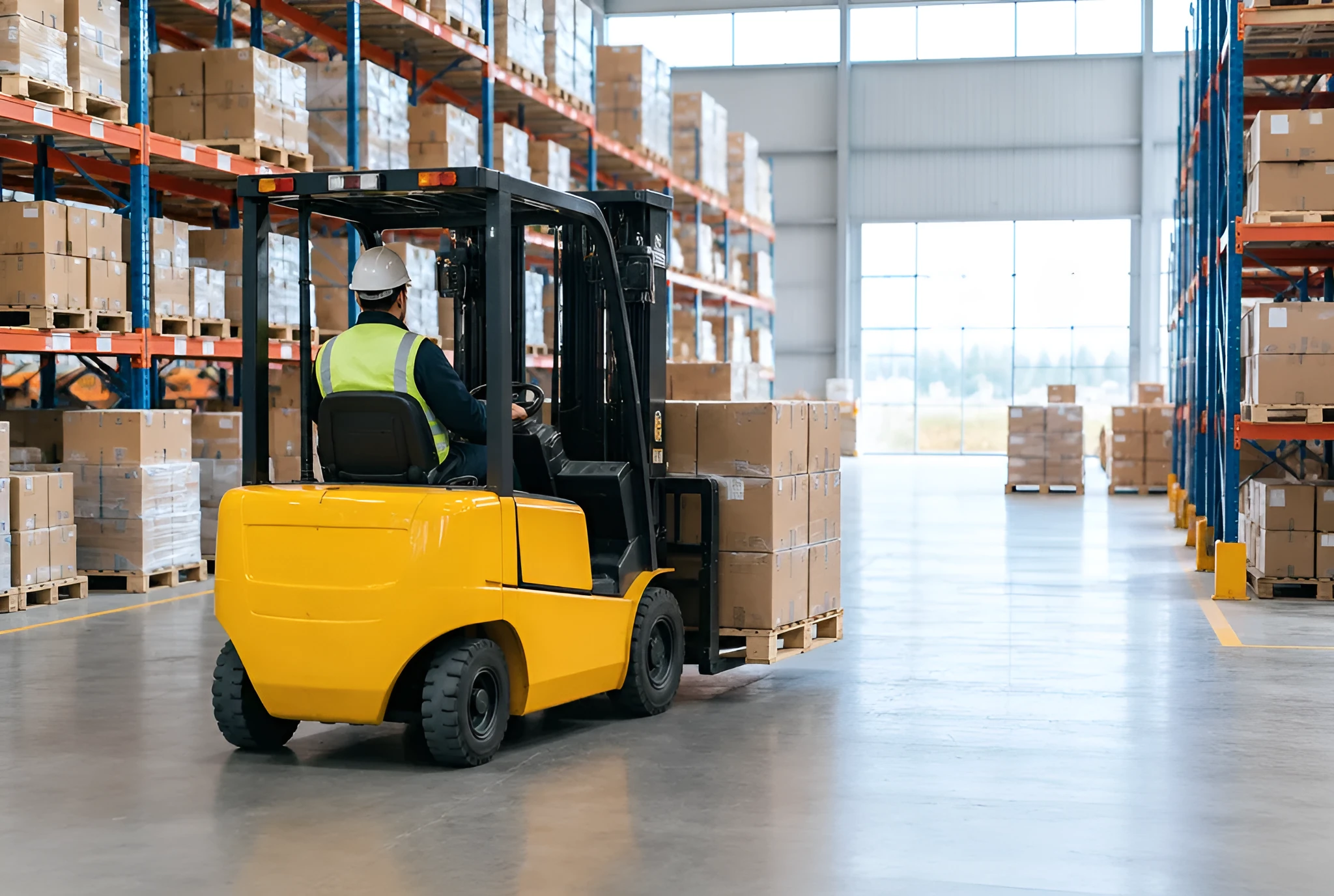 倉庫の通路で荷を載せたパレットを運ぶフォークリフト