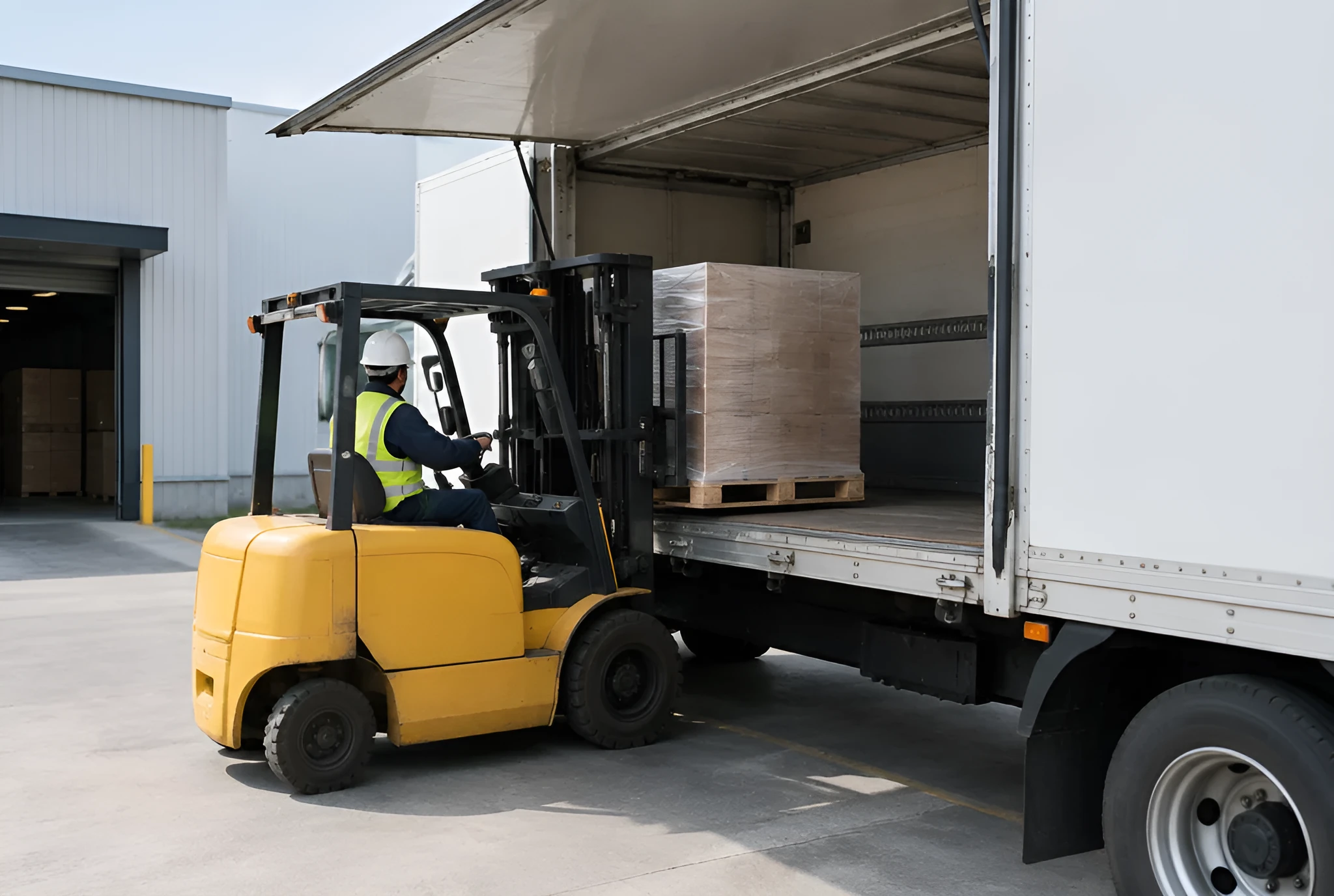 物流倉庫の出入口でトラックの荷台にパレットを積み込むフォークリフト