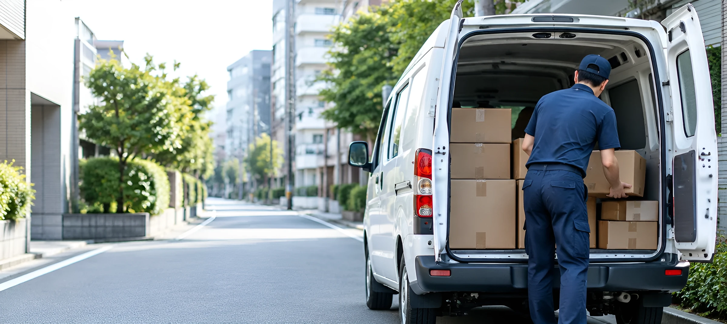 住宅街の道路に停めた白いバンの後ろの扉を開け、段ボールを積み込む作業着の配達員