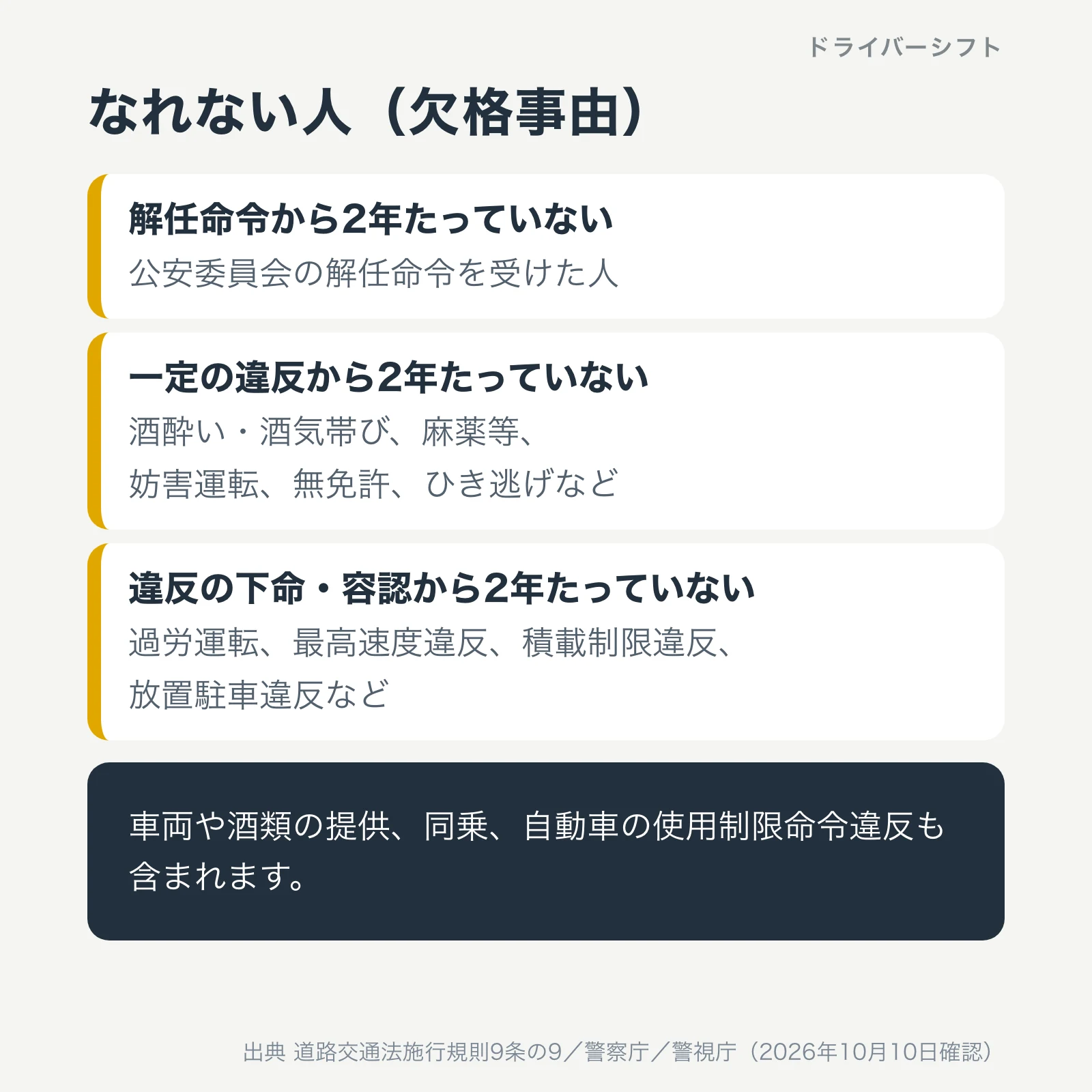 なれない人（欠格事由）。解任命令から2年たっていない人、酒酔い・酒気帯び、麻薬等、妨害運転、無免許、ひき逃げなど一定の違反から2年たっていない人、過労運転や最高速度違反などの下命・容認から2年たっていない人