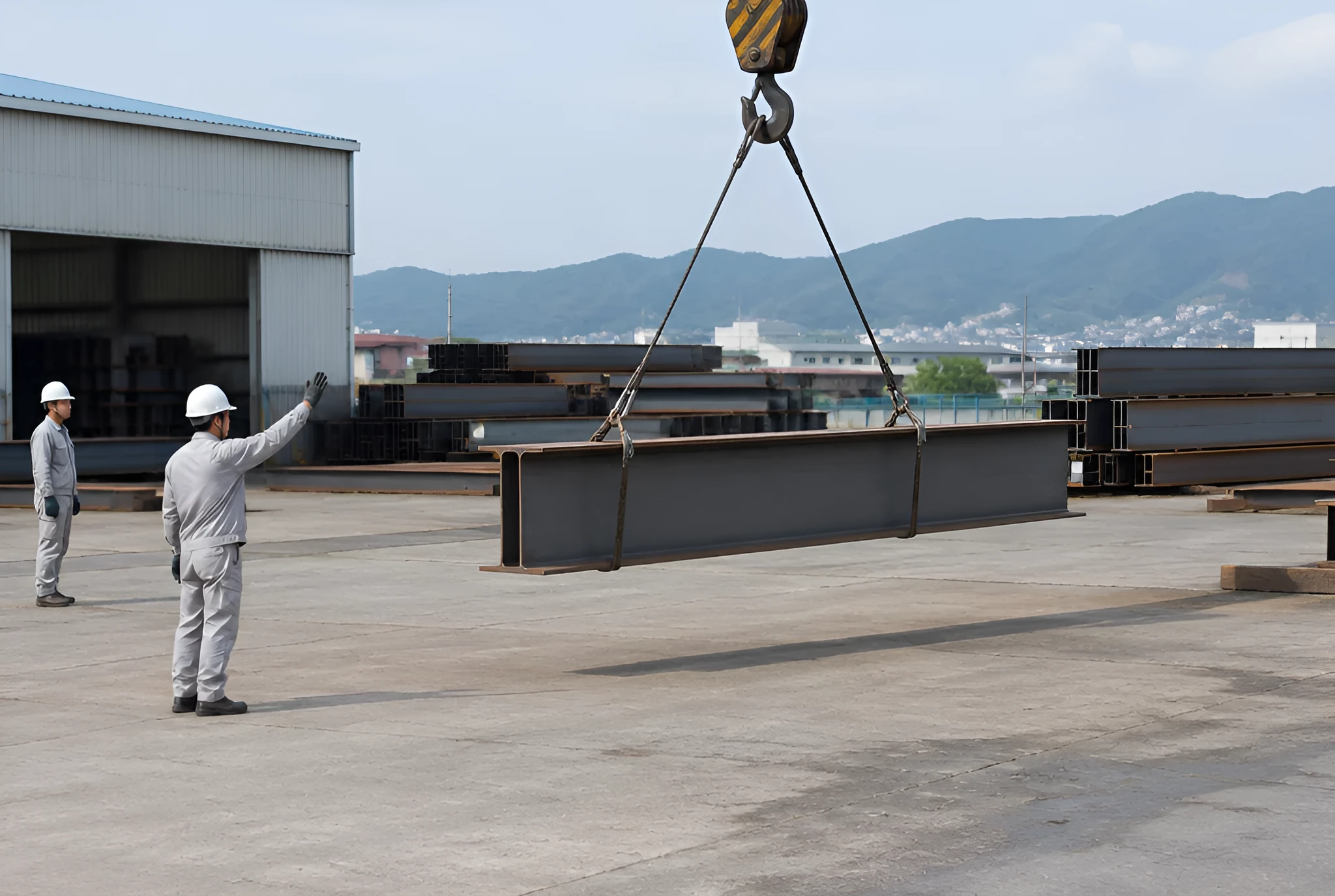 鋼材置き場で、2本のワイヤロープでつった鋼材がクレーンのフックから下がり、白いヘルメットの作業者が離れた位置から手を上げて合図している
