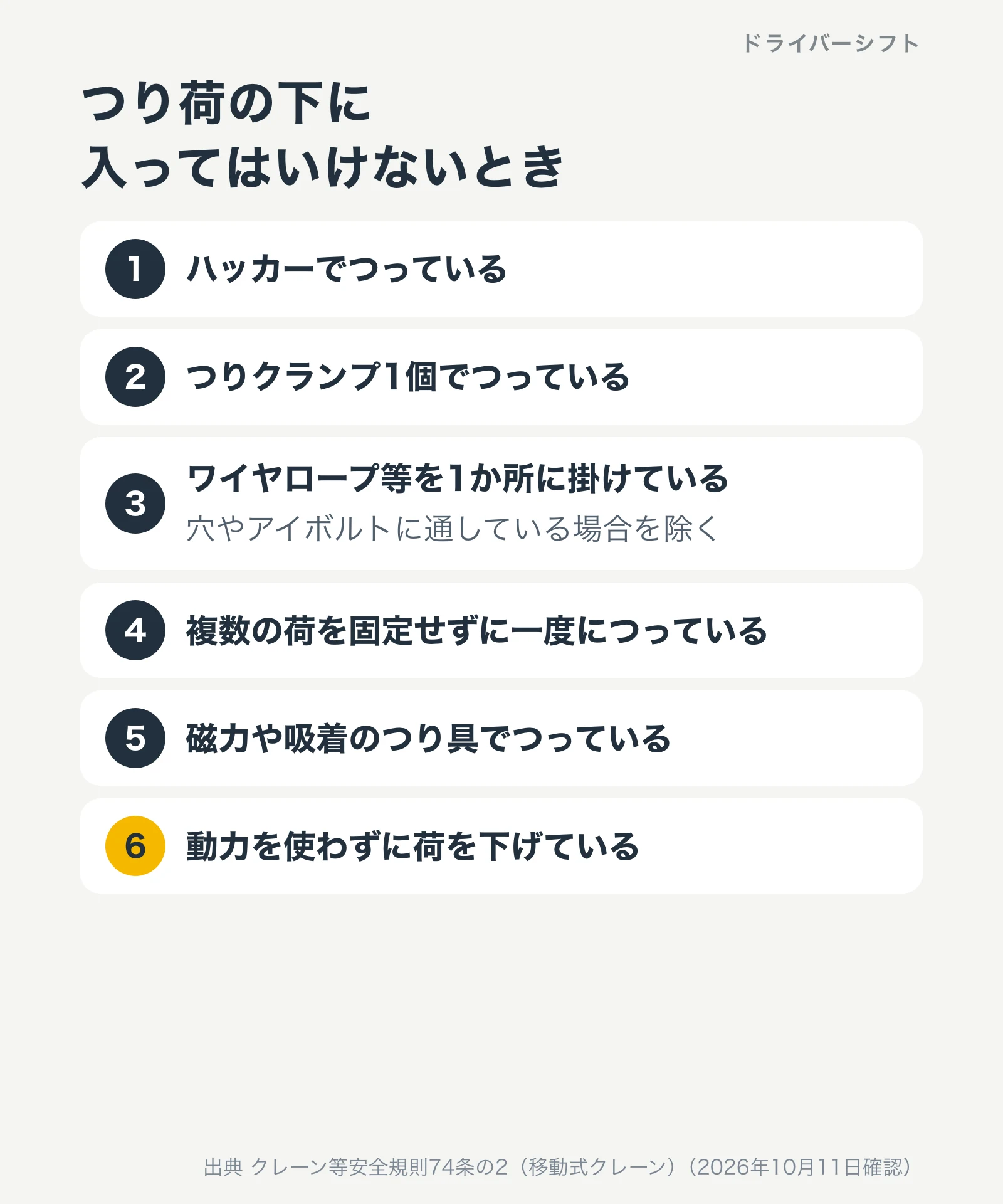 つり荷の下に入ってはいけないとき。ハッカーでつっている、つりクランプ1個でつっている、ワイヤロープ等を1か所に掛けている、複数の荷を固定せずに一度につっている、磁力や吸着のつり具でつっている、動力を使わずに荷を下げている